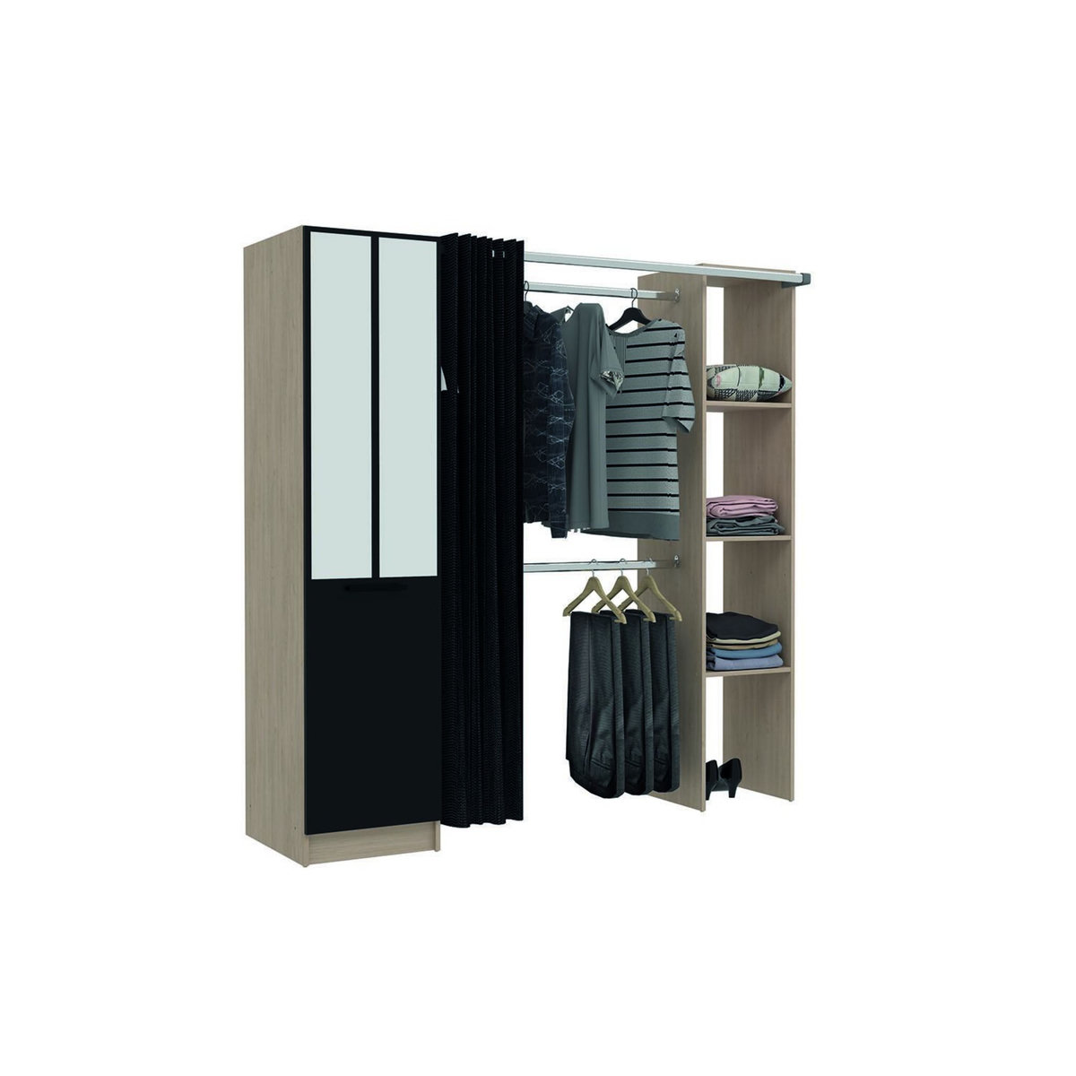 CONCEPT USINE Dressing industriel bois avec rideau noir et 2 penderies et 6 étagères NICE