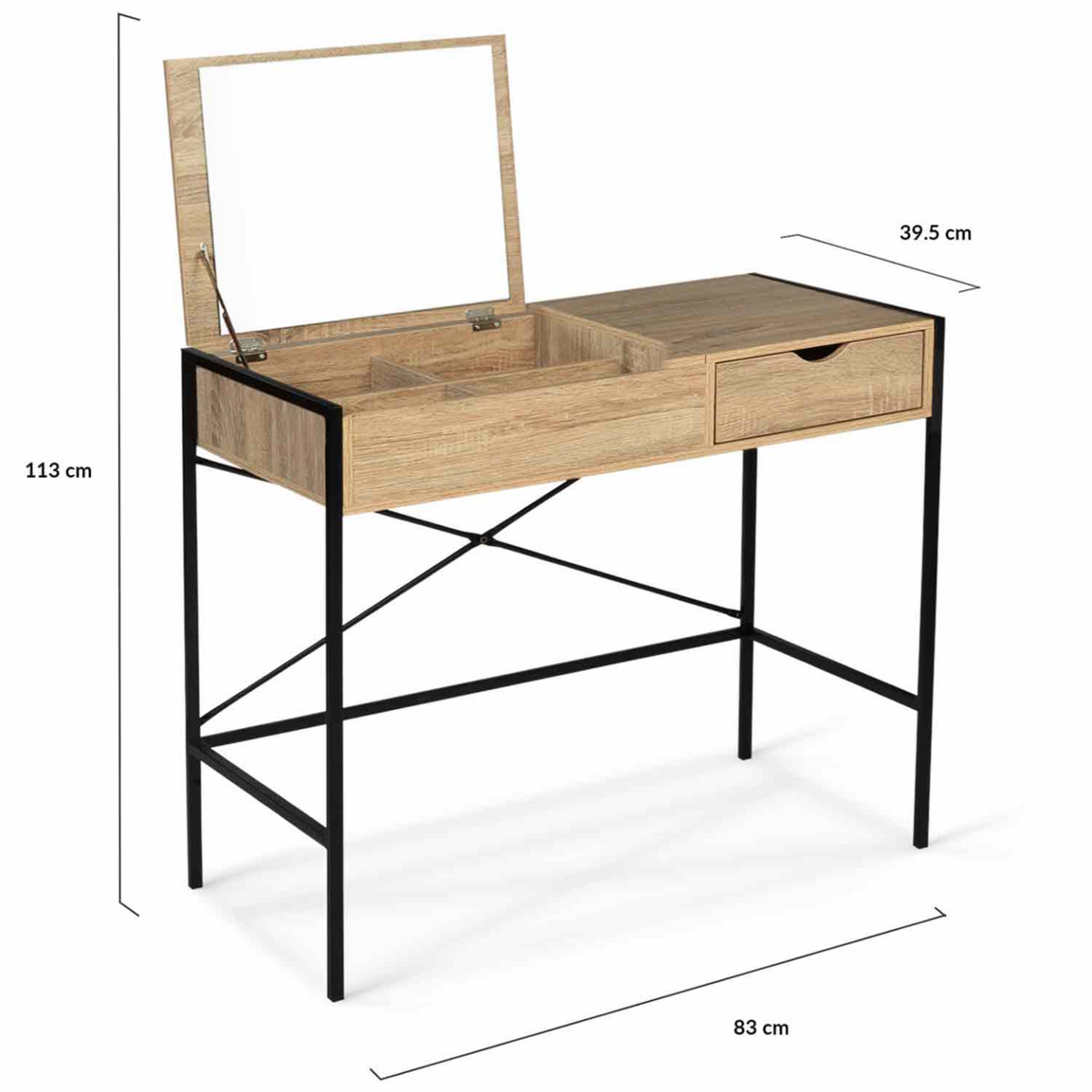 ID MARKET Coiffeuse LUIS miroir rabattable avec tabouret design industriel