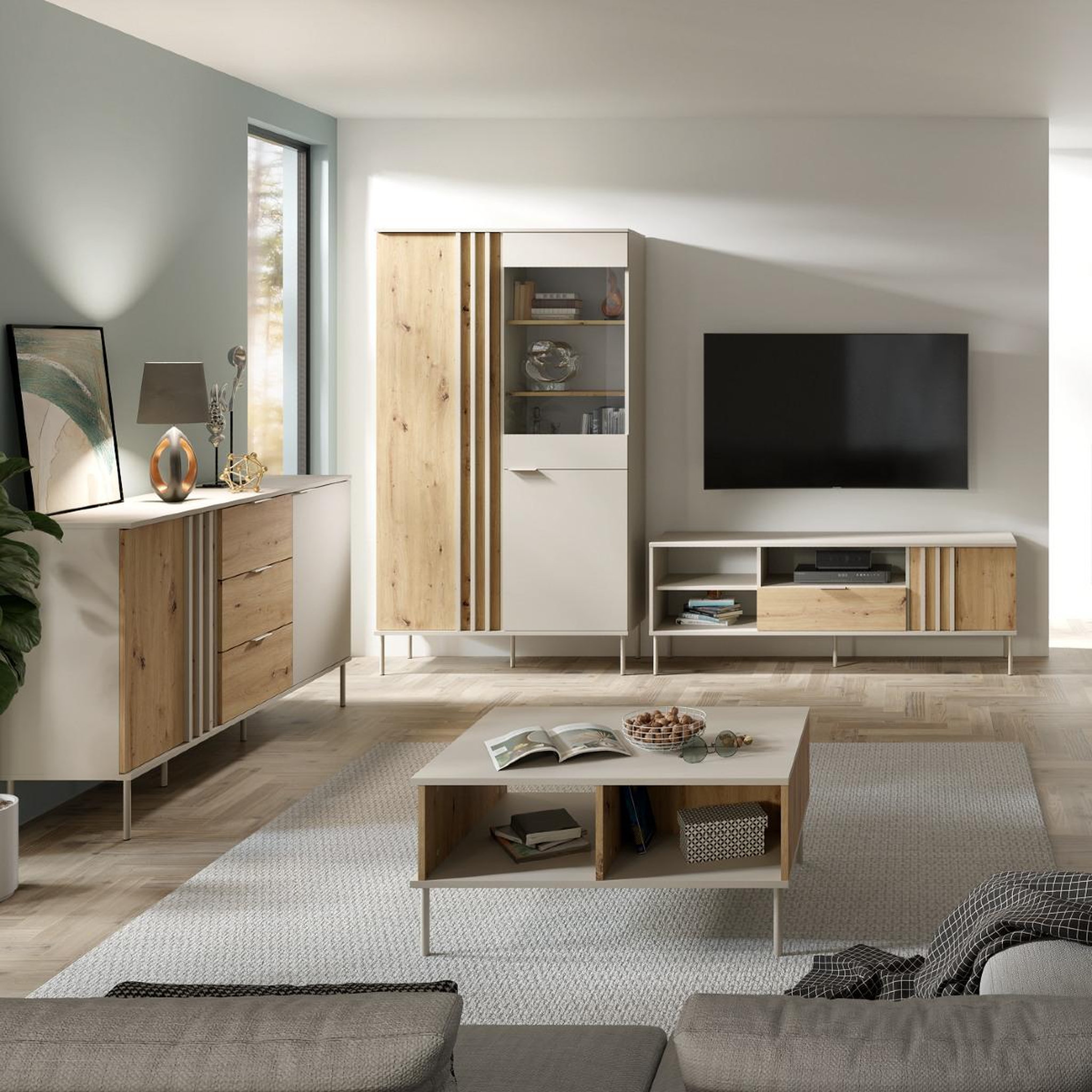Voir la diapositive 4 : JLC KREATION Vitrine 2 portes moderne beige et bois irina