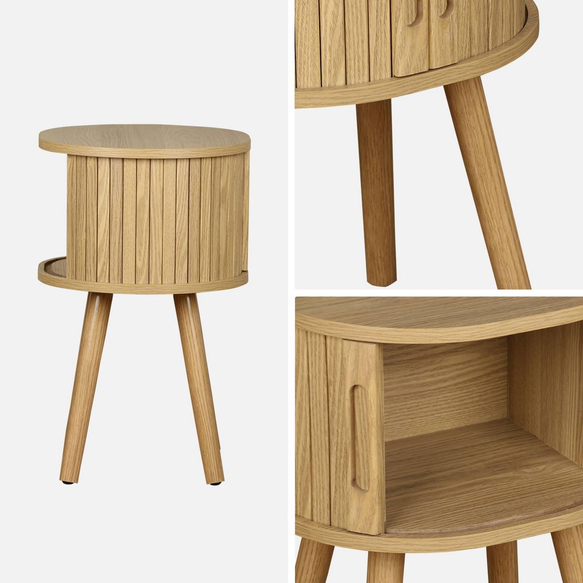 SWEEEK Lot de 2 tables de chevet ovale 2 portes coulissantes poignées creusées. effet bois rainuré. L40 x l34 x H54.8cm