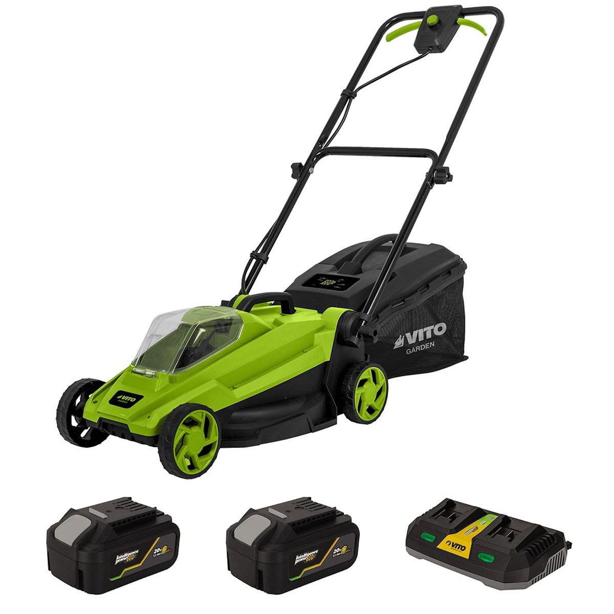VITO Tondeuse à gazon 20V + 2 Batteries lithium 4.0Ah Chargeur double Bac 30L Gazon 500m2 VITO