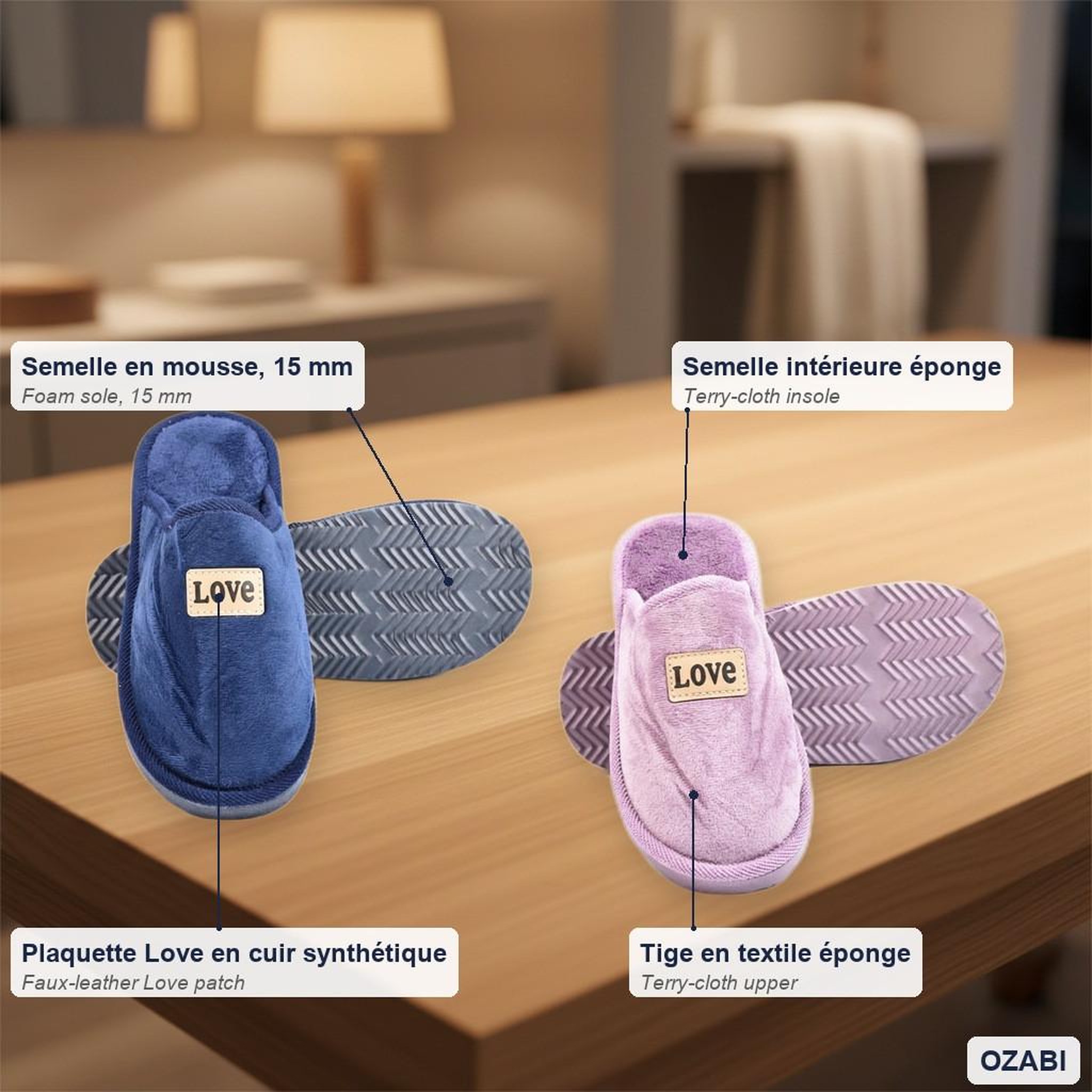 Voir la diapositive 3 : OZABI OZABI Pantoufles Ouvertes Femme, Pack de 2 Paires, Plaquette Love
