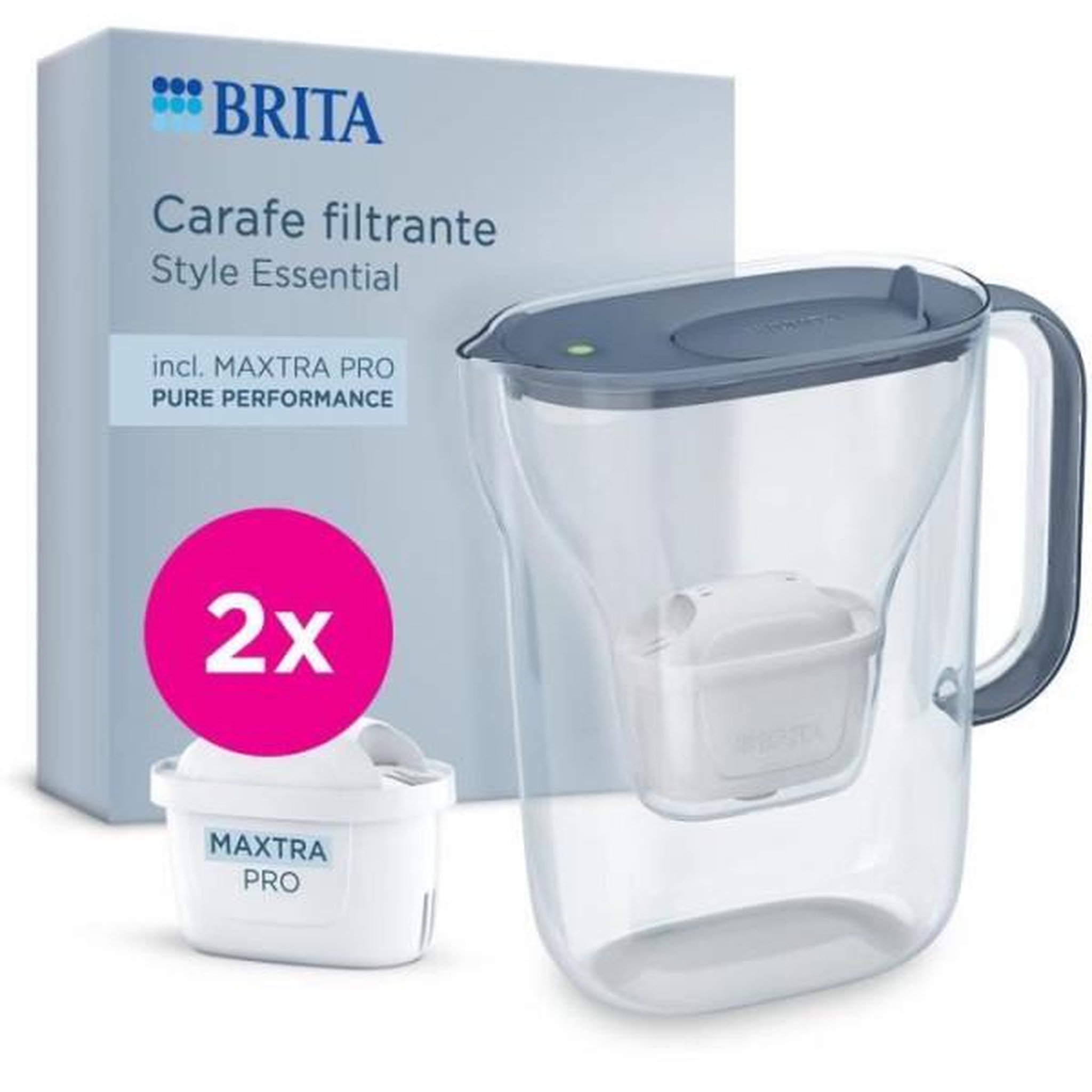 Brita Carafe filtrante BRITA - Style Essential Bleu minéral - Capacité 2,4L dont 1,4L d'eau filtrée - 2 filtres Maxtra Pro Pure