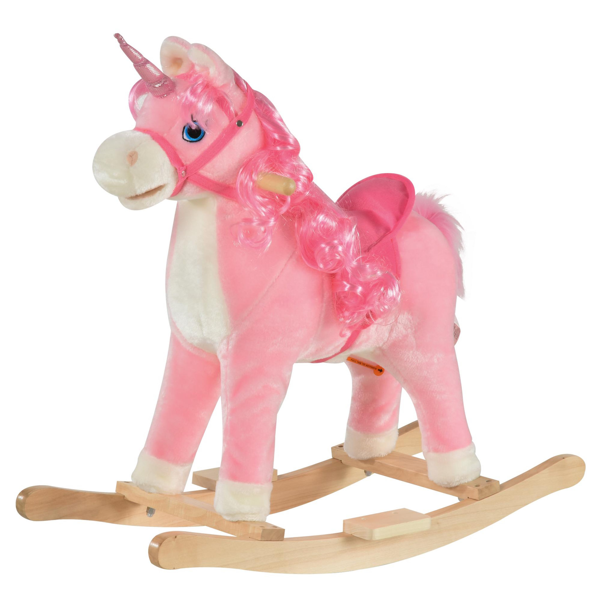 Voir la diapositive 1 : HOMCOM Cheval à bascule modèle licorne avec sons authentiques selle grand confort bois de peuplier rose dim. L74 x l33 x 62H cm