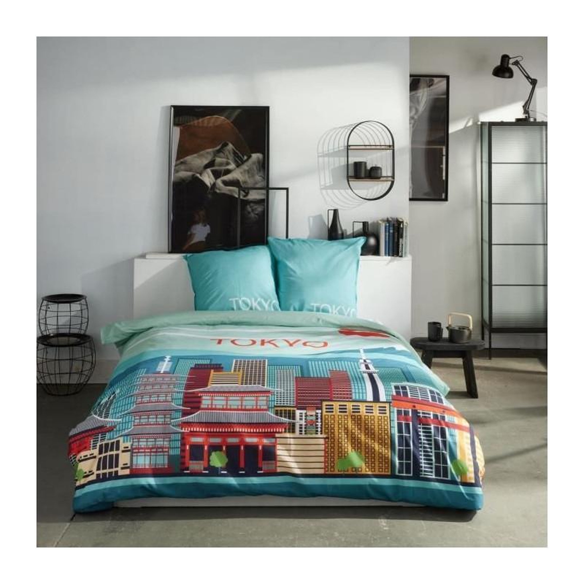 Today Parure de lit - TODAY - JAVA - 2 personnes - 240x220 cm - Coton - Imprimé Tokyo - Bleu