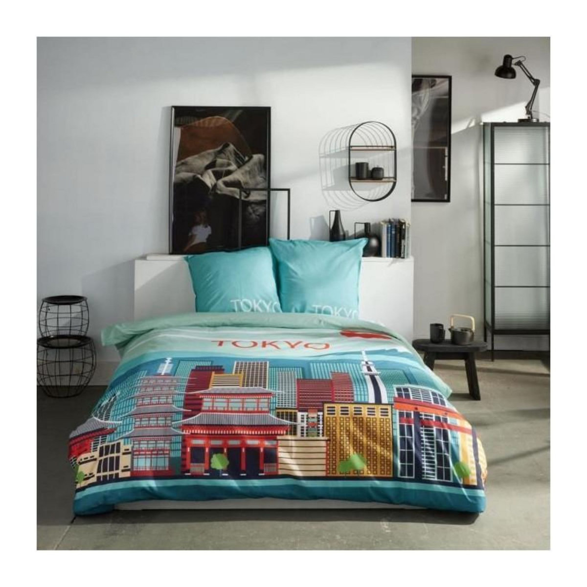 Today Parure de lit - TODAY - JAVA - 2 personnes - 240x220 cm - Coton - Imprimé Tokyo - Bleu