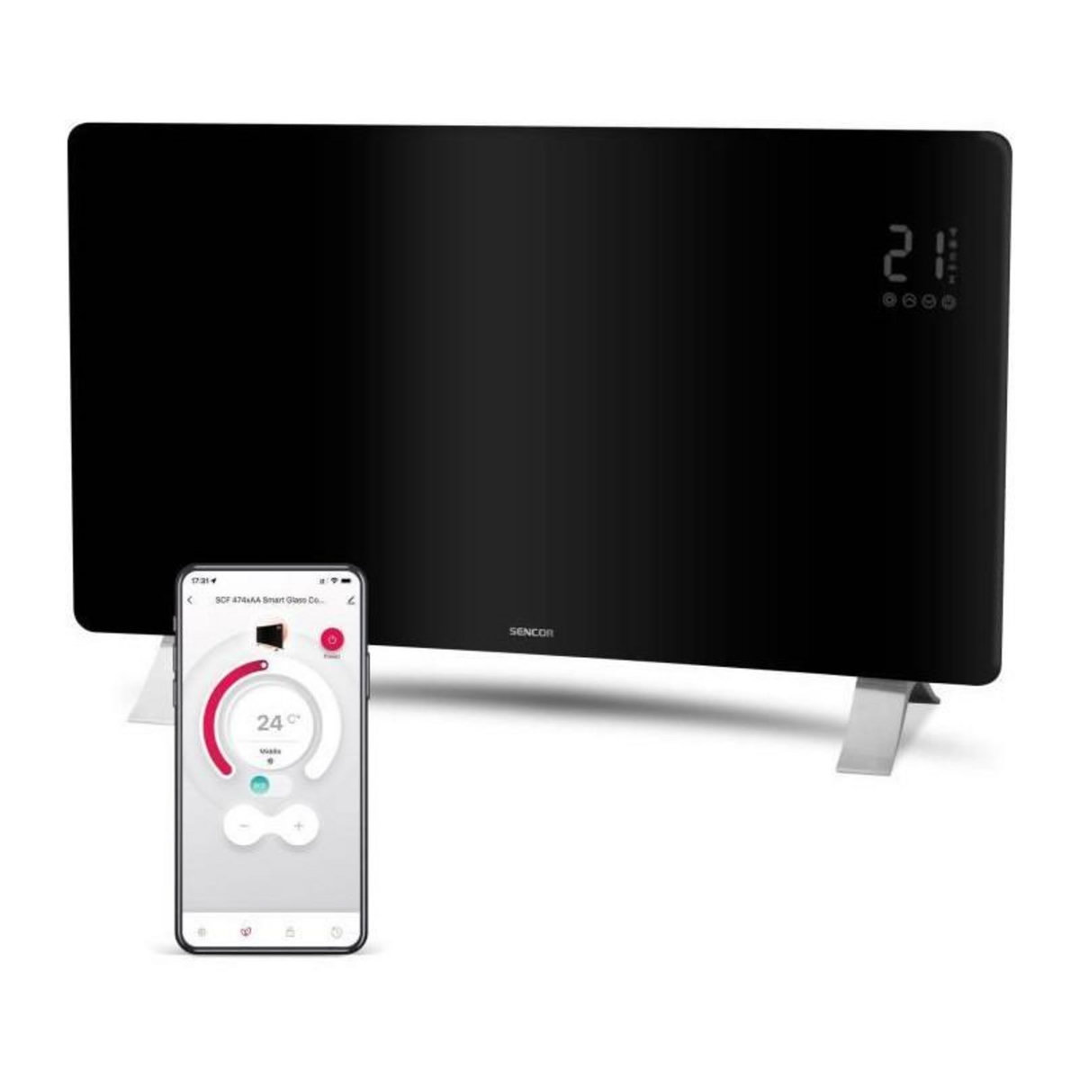 SENCO Radiateur intelligent Wi-Fi en verre - SENCOR - SCF 4741BK - 2400 W - 2 niveaux - Thermostat - Noir