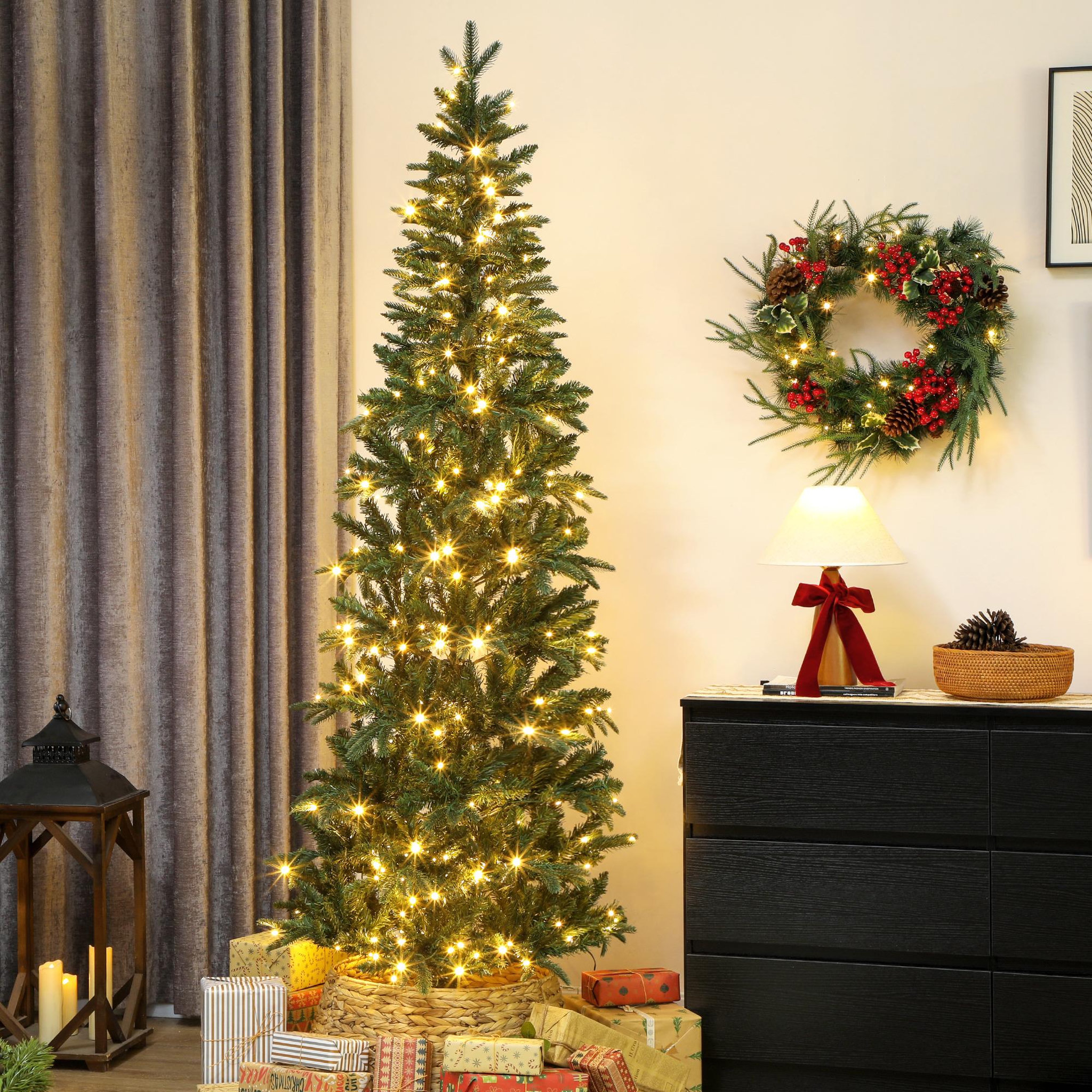 Voir la diapositive 2 : HOMCOM Sapin de noël artificiel led x 300 blanc chaud 8 modes h.210 cm 826 branches support vert