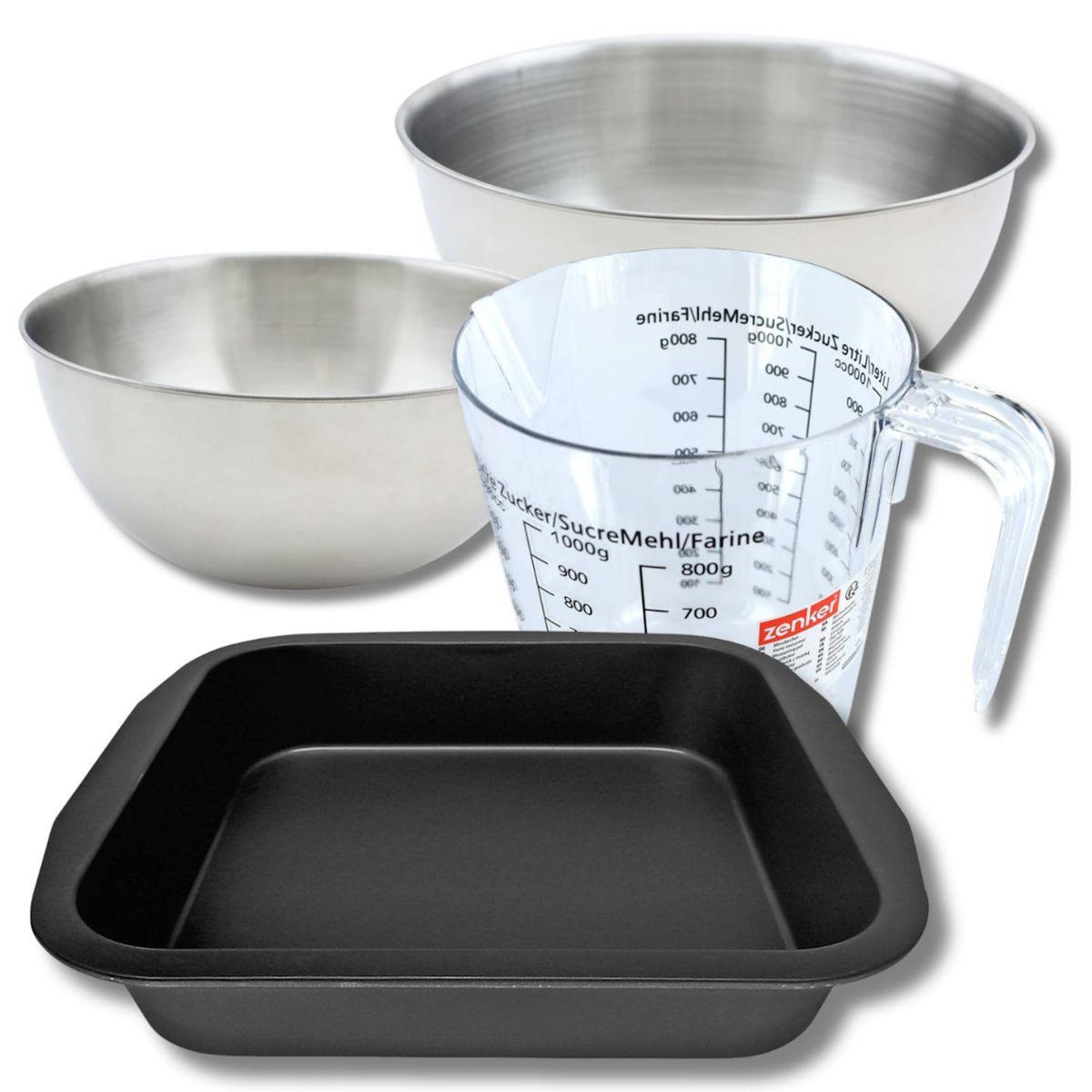 ZENKER Set pâtisserie avec moule à brownie 27 x 26 en acier, 2 bols à mixer, verre mesureur et spatule Zenker