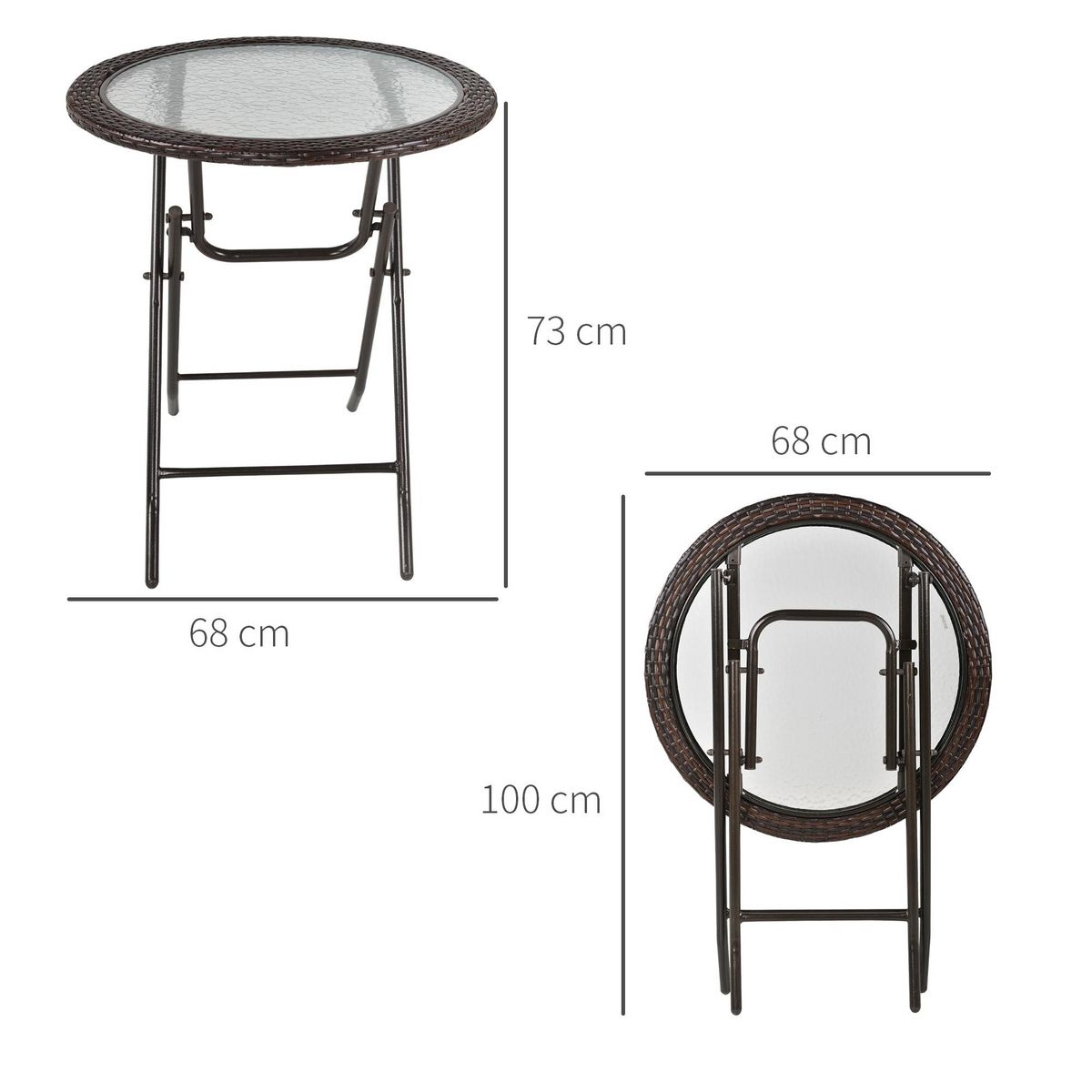OUTSUNNY Table ronde bistro de jardin pliable dim. Ø 68 x 73H cm métal époxy résine tressée chocolat plateau verre trempé