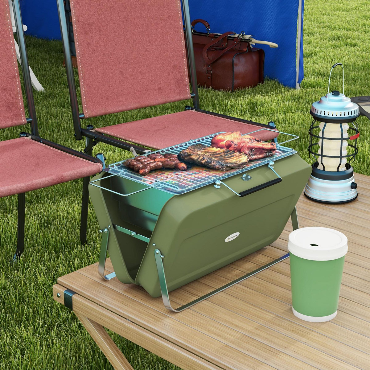 OUTSUNNY Mini barbecue à charbon portable pliable dim. 47L x 30l x 28H cm vert