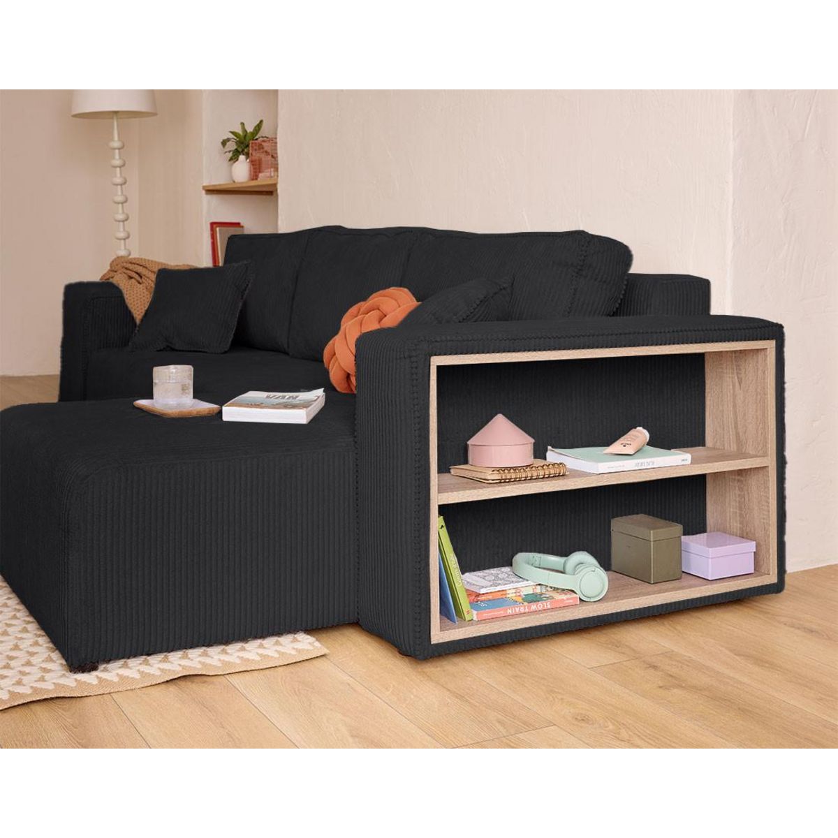 BEST MOBILIER Topaze - canapé d'angle réversible 4 places - convertible avec coffre, tablette et poufs - en velours côtelé