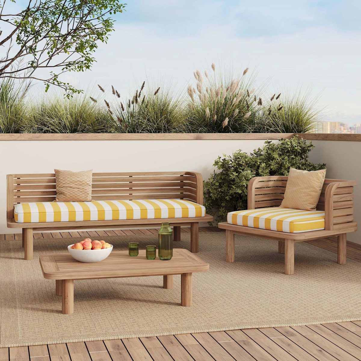 Rendez vous déco Fauteuil de jardin en teck massif et coussin rayé jaune-Kilda