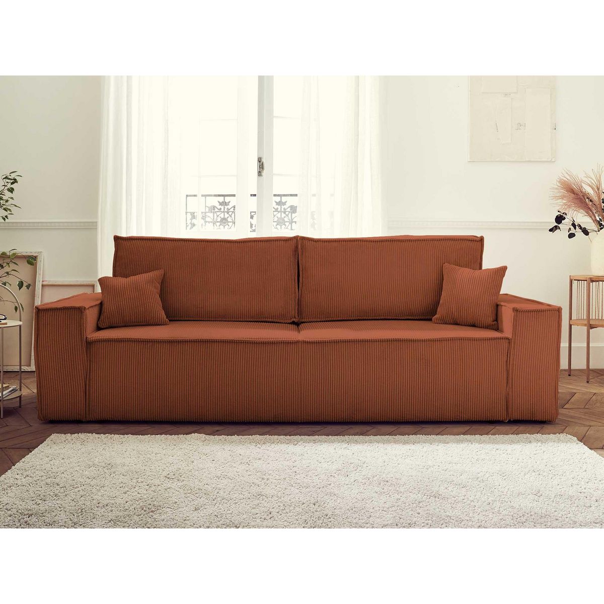 BEST MOBILIER Dellia - canapé 3 places convertible - avec coffre - en velours côtelé - style contemporain