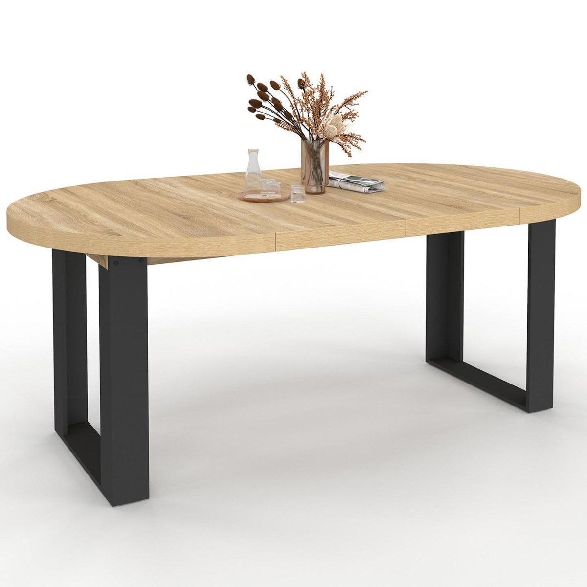 ID MARKET Table à manger extensible ronde PHOENIX 4-10 personnes bois et noir 110-200 cm