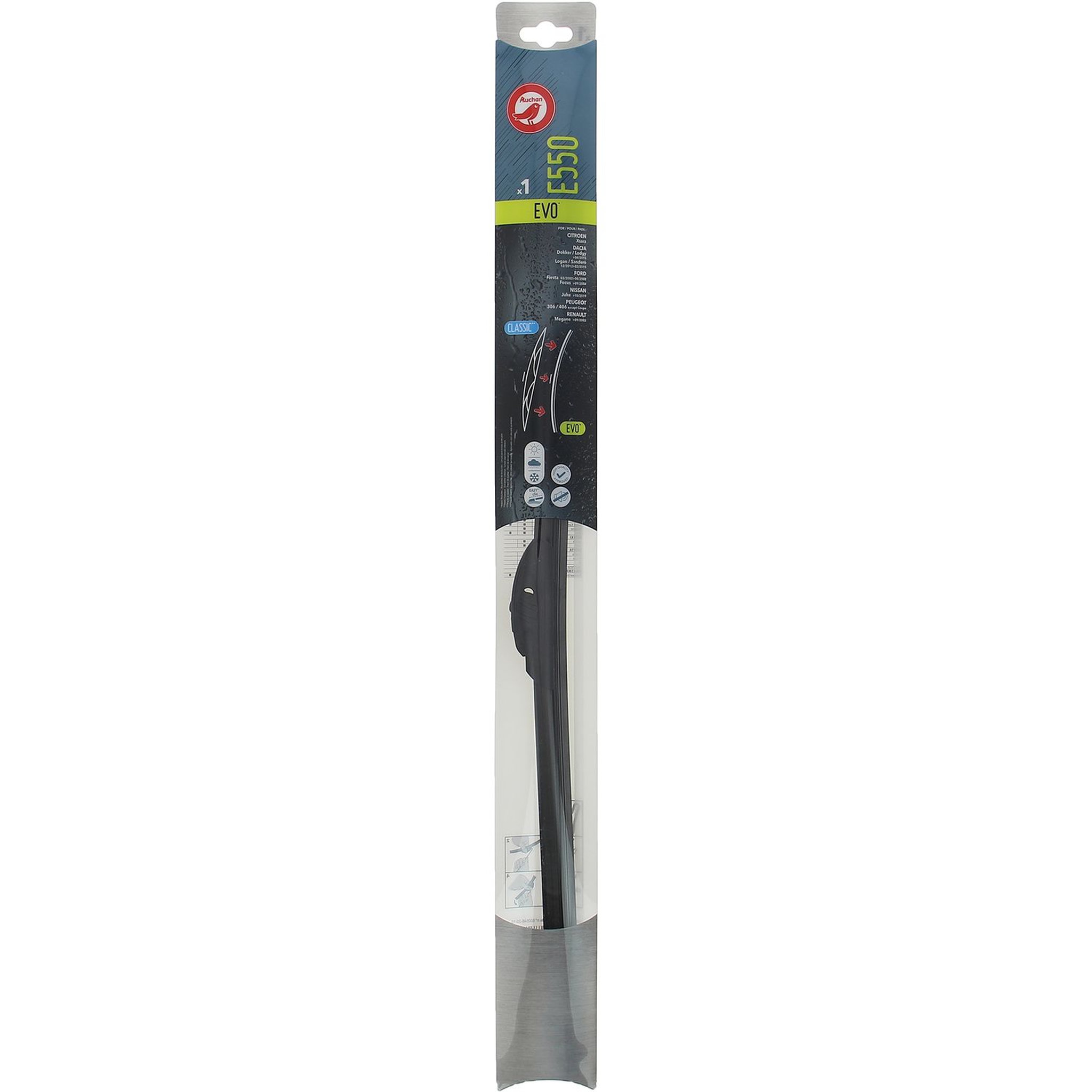 Voir la diapositive 2 : AUCHAN Balai d'essuie-glace EVO E550 55cm pour CITROËN DACIA FORD NISSAN PEUGEOT RENAULT