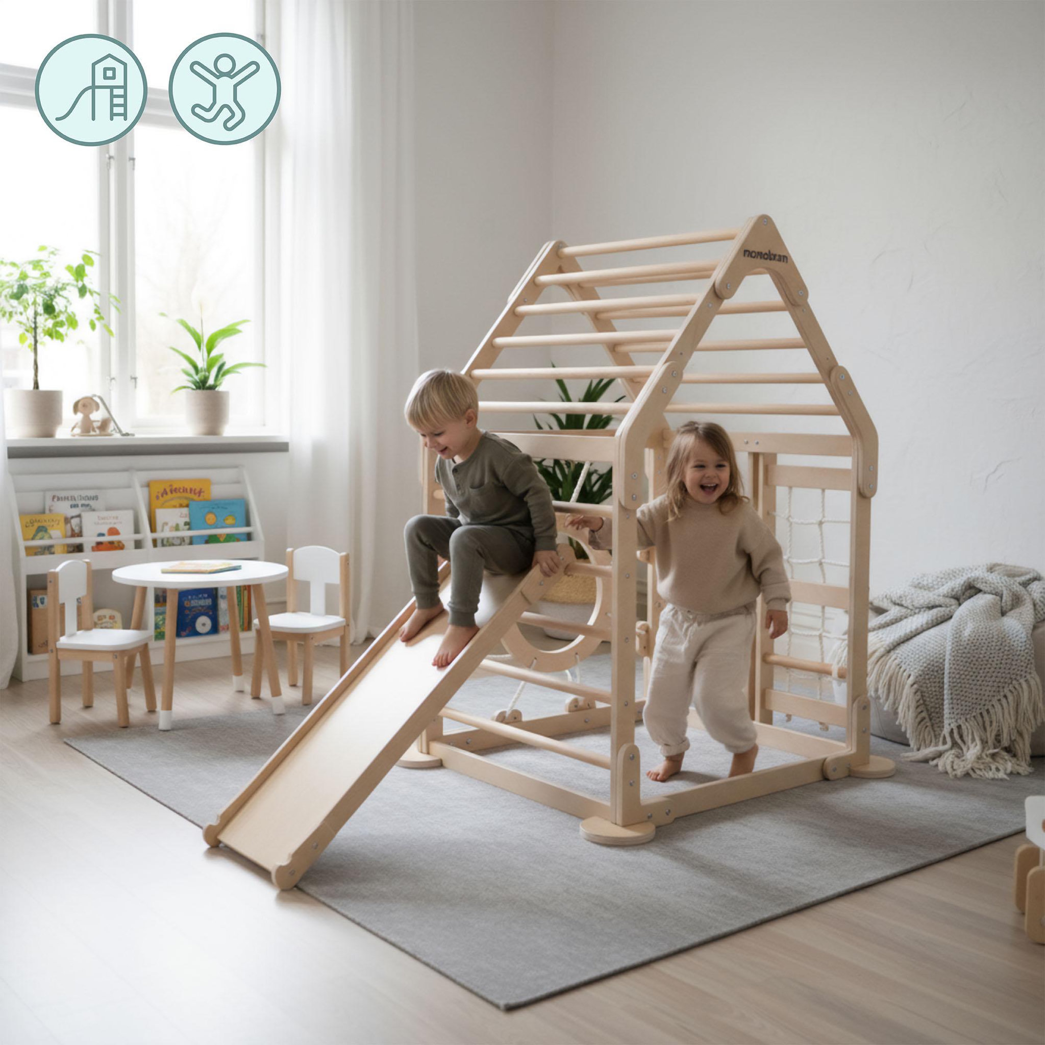 Voir la diapositive 2 : MAMABRUM Aire de Jeux Intérieure en Bois Mamabrum avec Mur d'Escalade, Échelles, Filet et Toboggan