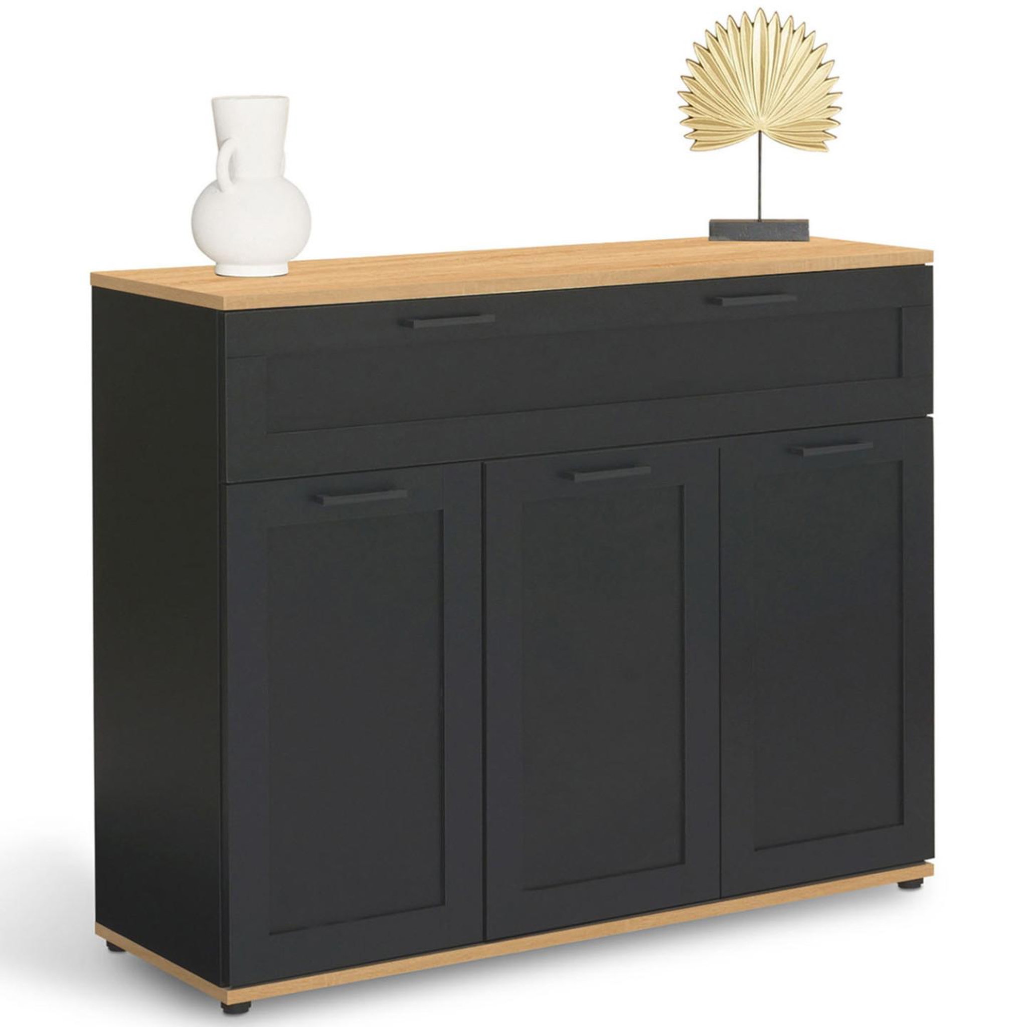ID MARKET Buffet 100 cm vito 3 portes et 1 tiroir noir et plateau bois
