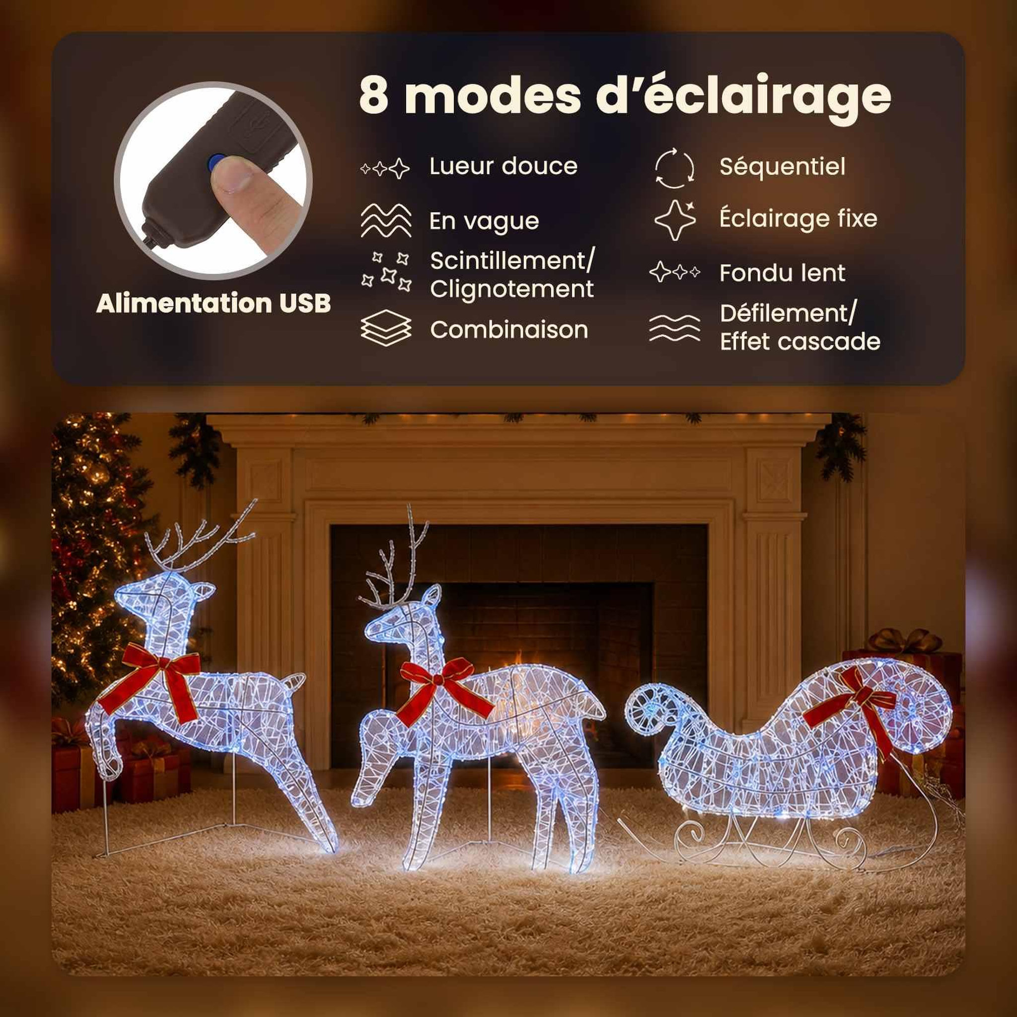 Voir la diapositive 4 : VIDAXL Renne de Noël avec traîneau 3 pc 60 LED Bleu 150 x 19 x 65 cm