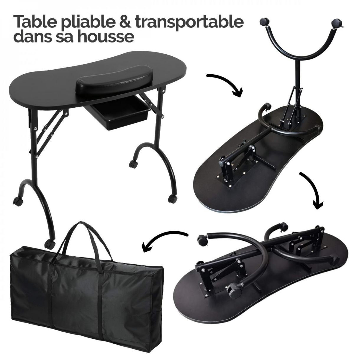 VIVEZEN Table de manucure professionnelle pliante avec tiroir, roulettes et housse de transport - Noir