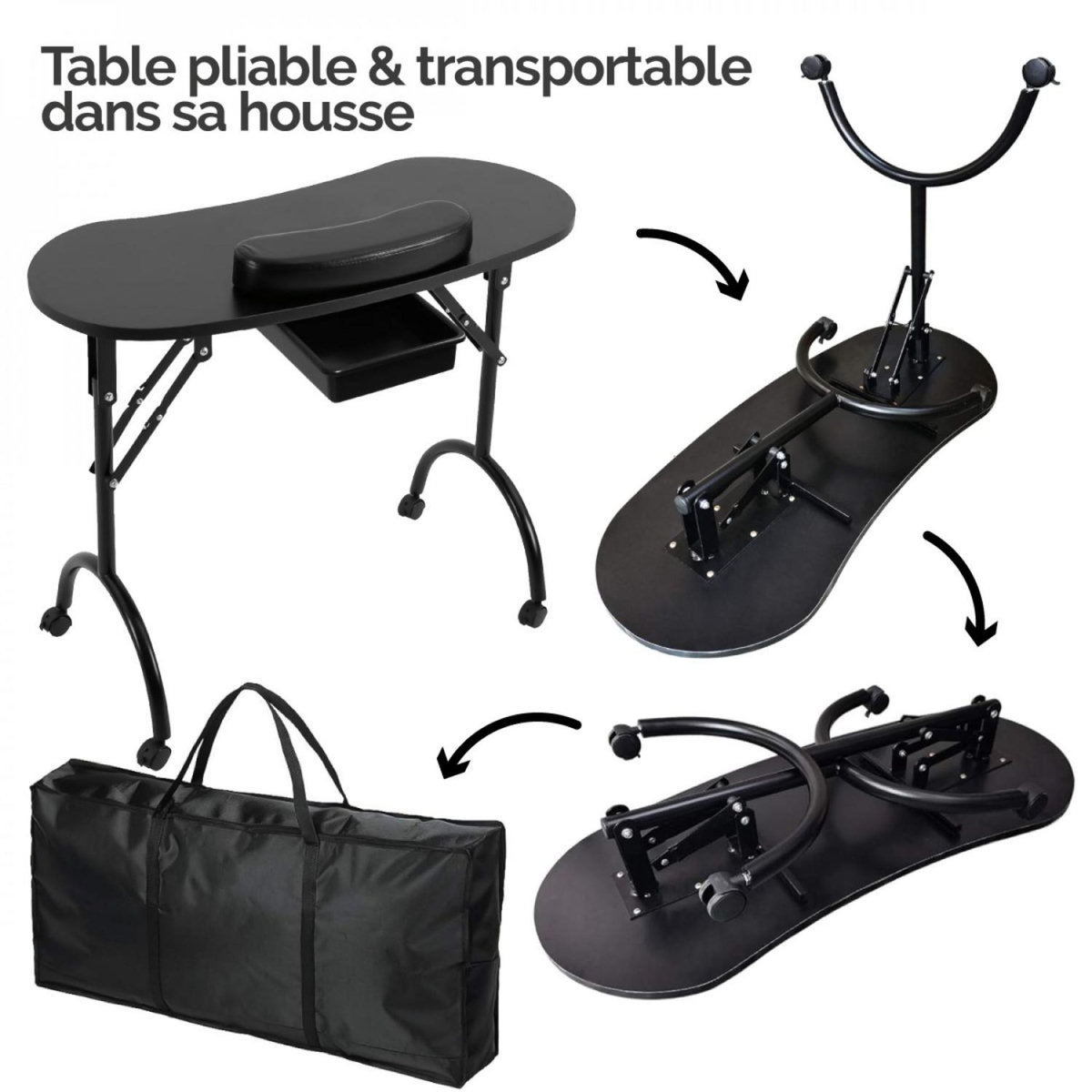 VIVEZEN Table de manucure professionnelle pliante avec tiroir, roulettes et housse de transport - Noir