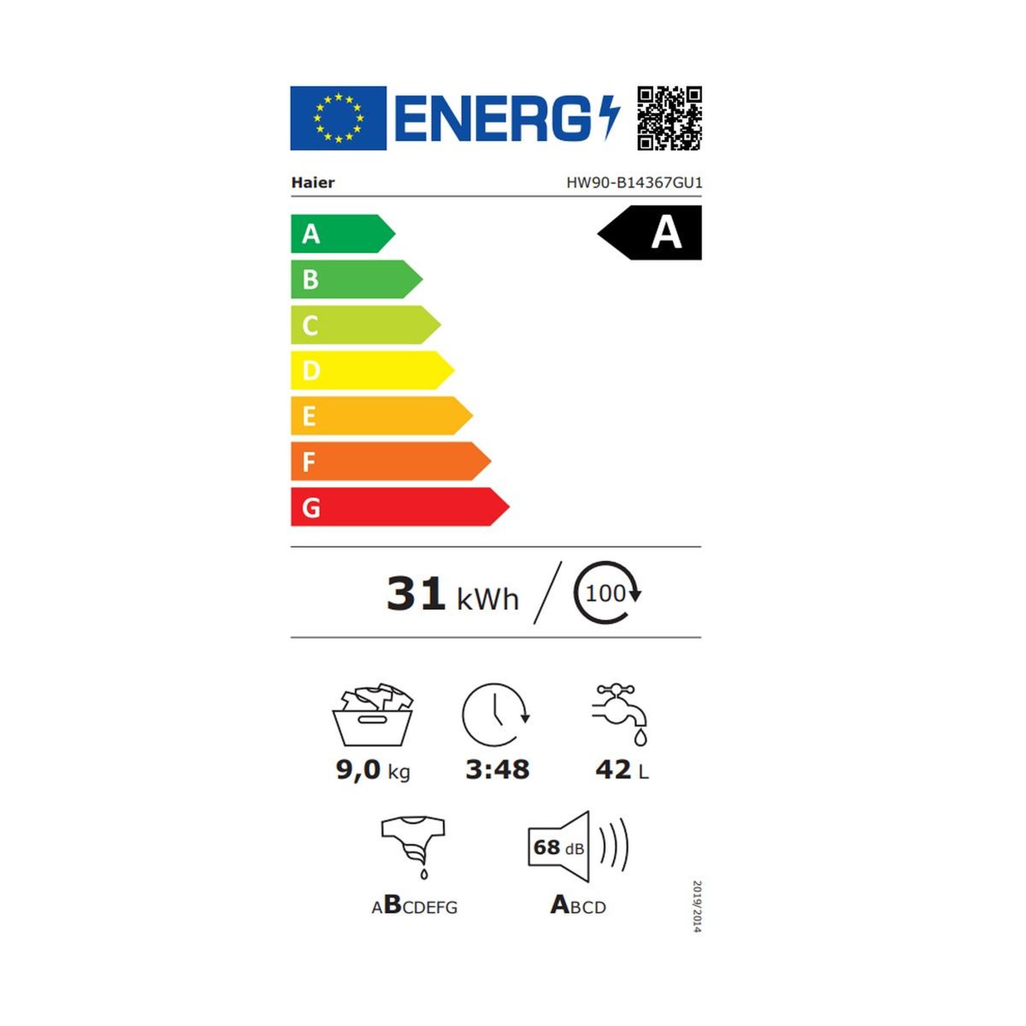 Voir la diapositive 2 : HAIER Lave-linge frontal 9kg 1400 tours/min - hw90-b14367gu-fr