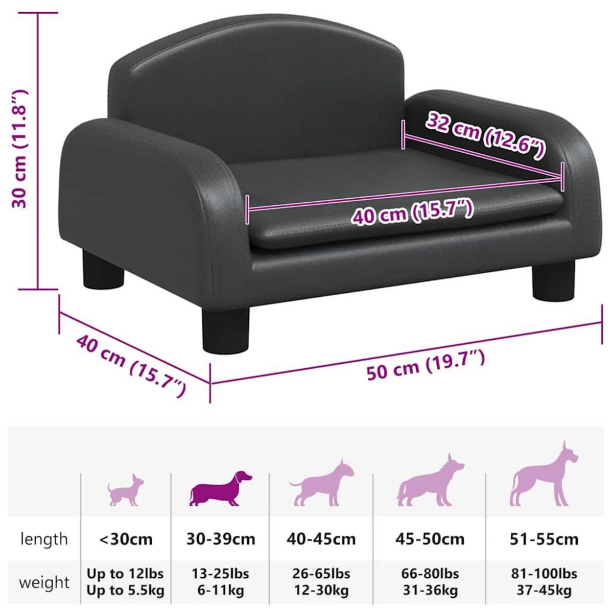 VIDAXL Lit pour chien noir 50x40x30 cm similicuir