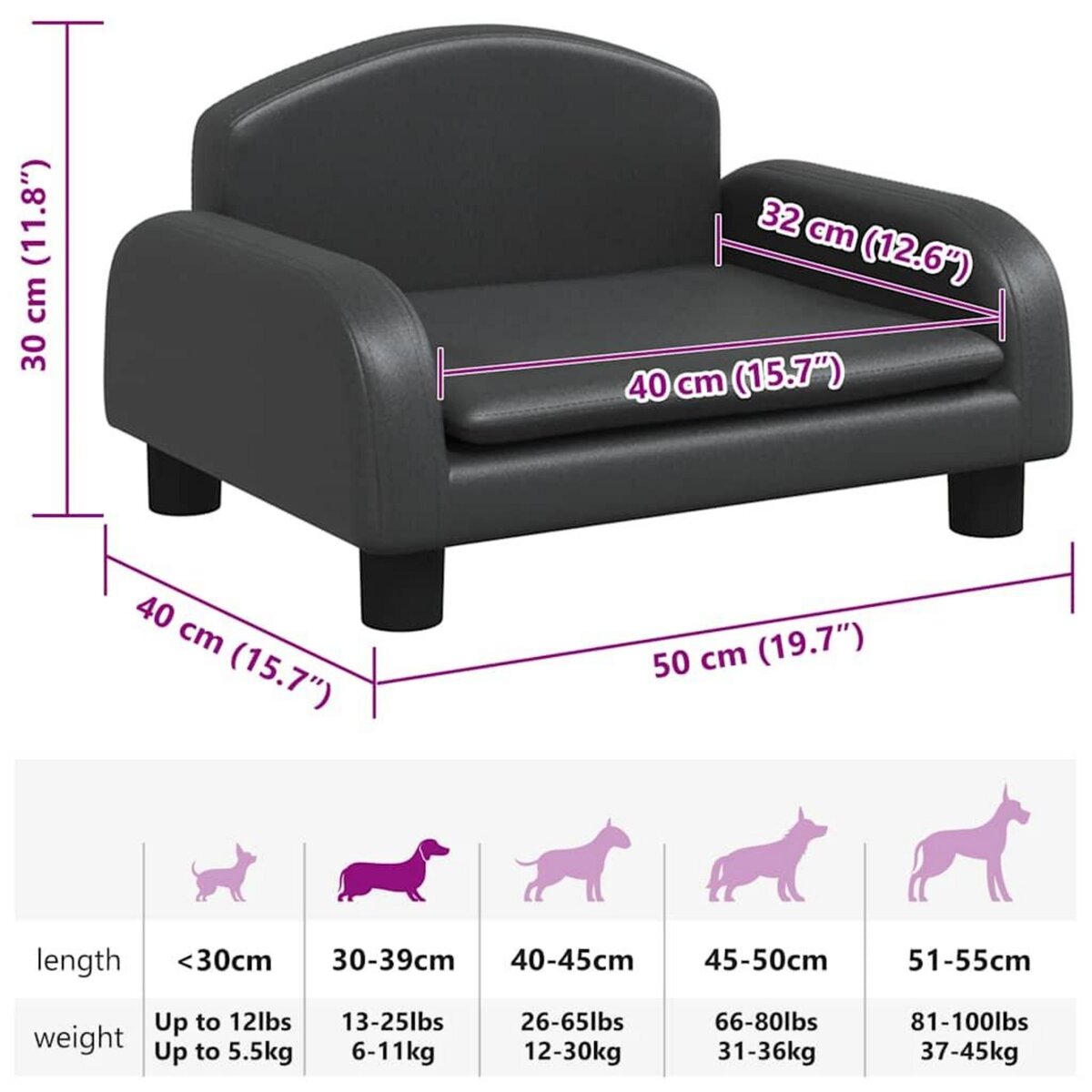 VIDAXL Lit pour chien noir 50x40x30 cm similicuir