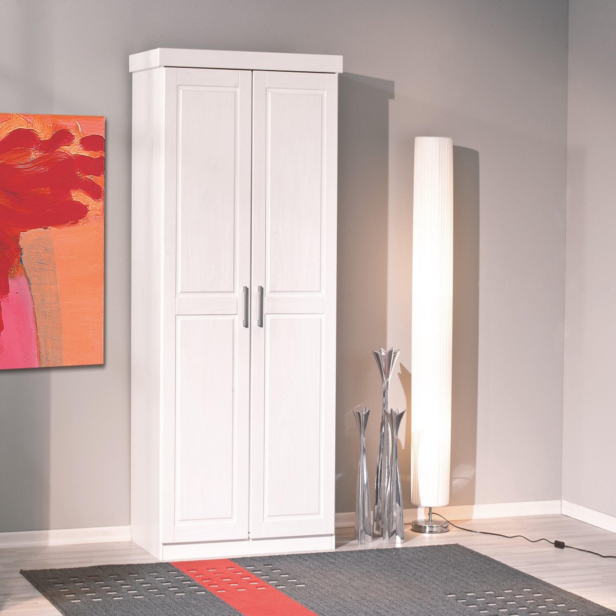 Voir la diapositive 3 : Armoire de chambre 2 portes avec penderie en pin massif blanc ULLI