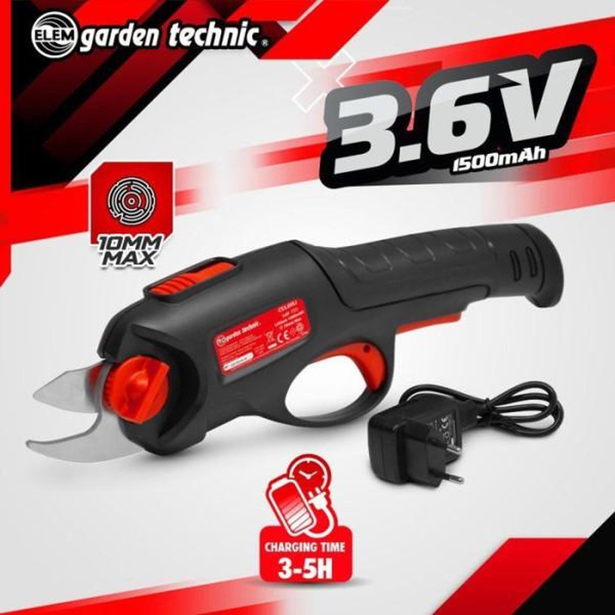 Voir la diapositive 2 : Elem Sécateur rechargeable - elem garden - cs3.6vli - 3.6 v - 1.5 ah - inclus une batterie intégrée + chargeur