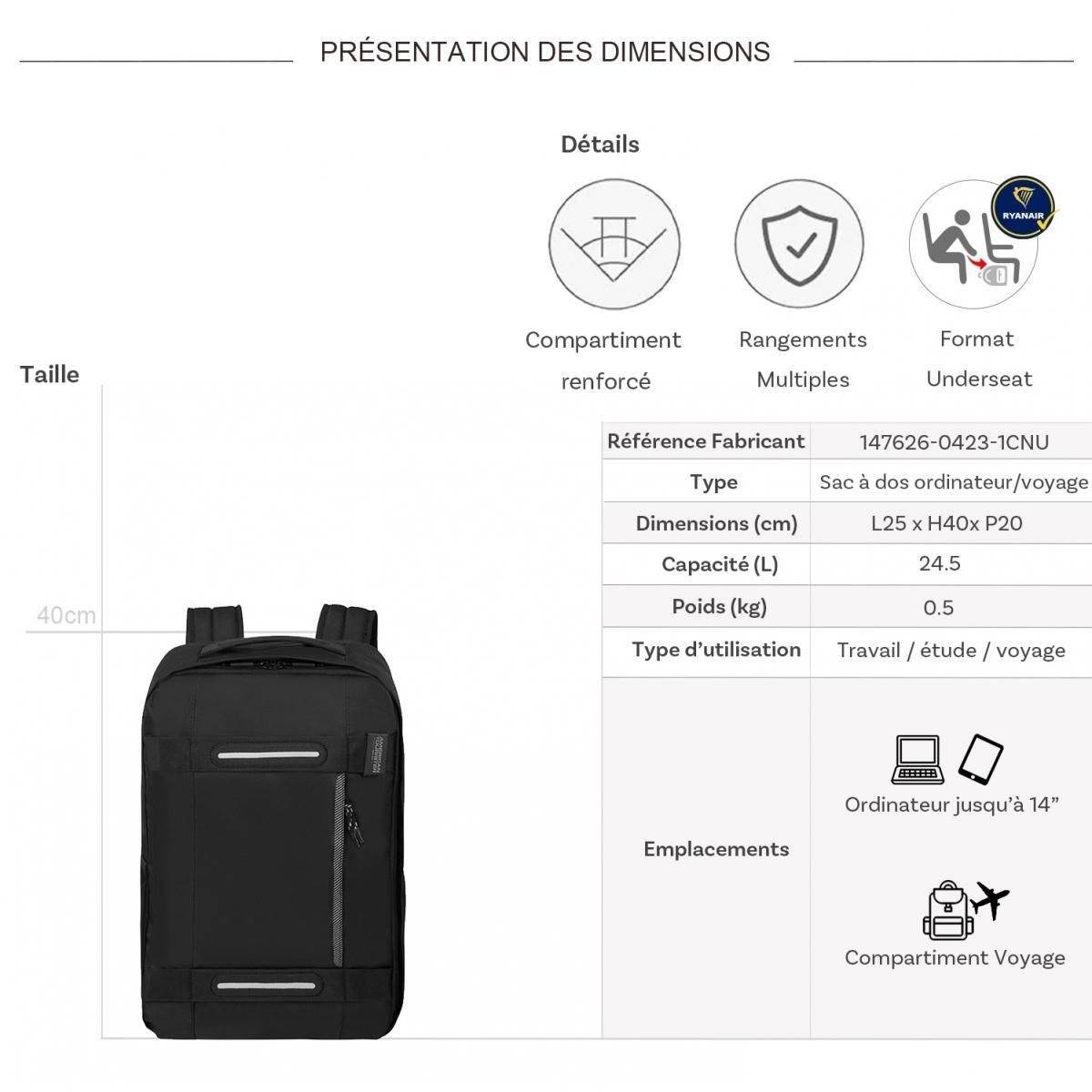 American Tourister Sac à dos underseat porte-ordinateur et voyage URBAN TRACK 14