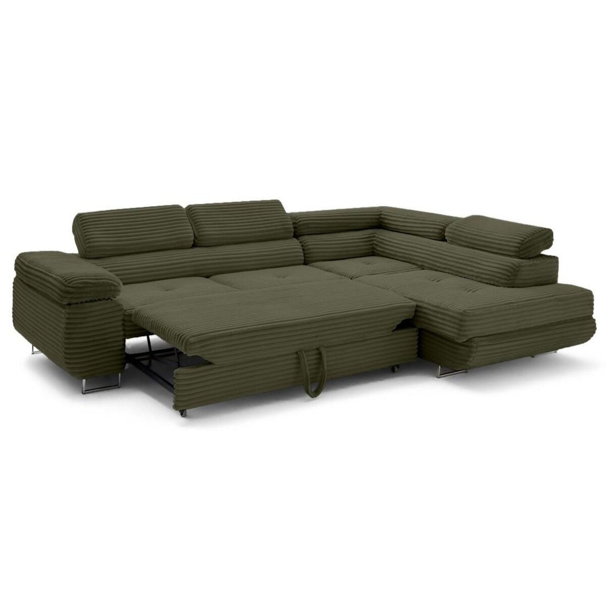 LISA DESIGN Zaria - canapé d'angle droit 5 places convertible avec coffre et têtières en velours côtelé grosses côtes