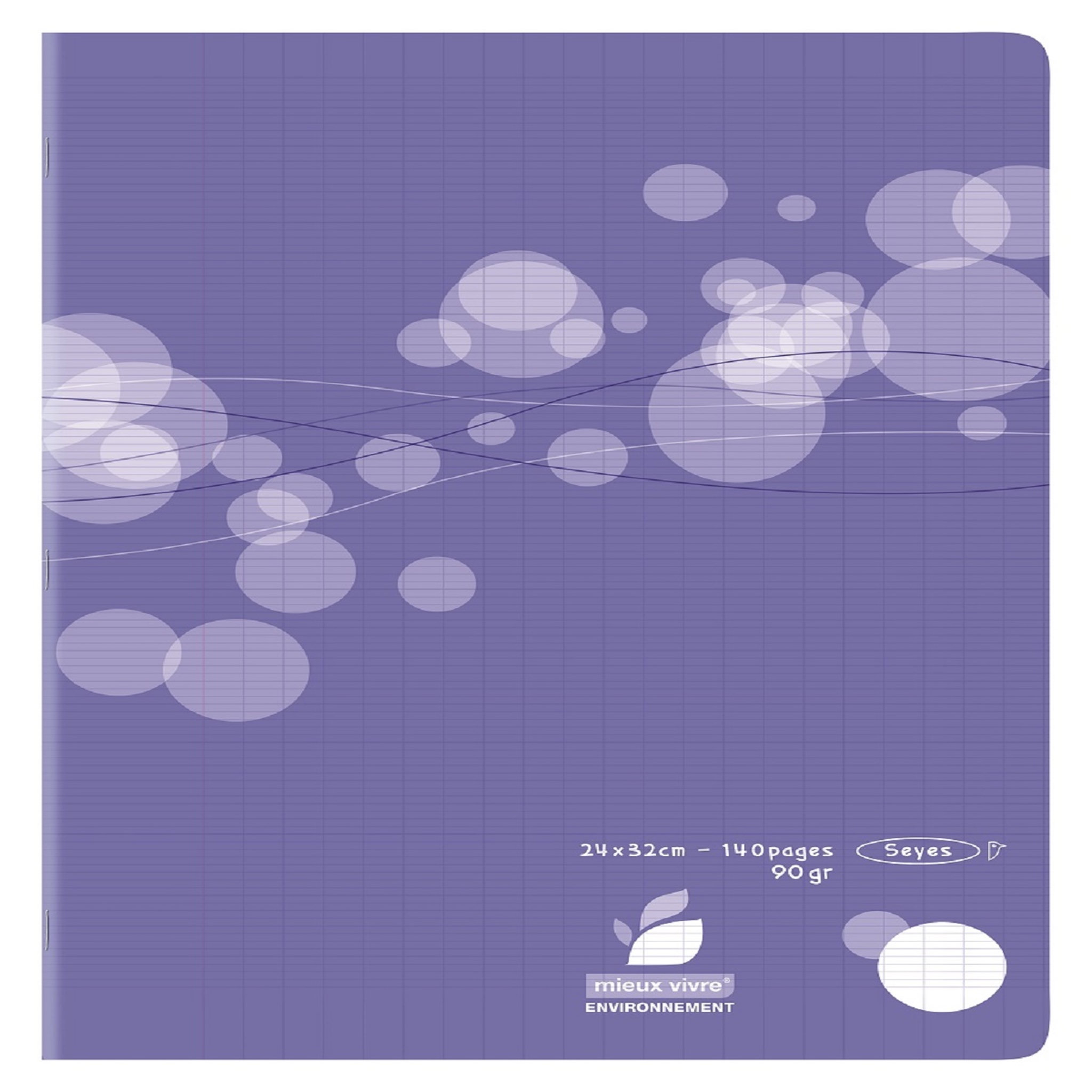 AUCHAN Cahier piqué polypro 24x32cm 140 pages grands carreaux Seyes violet motif ronds