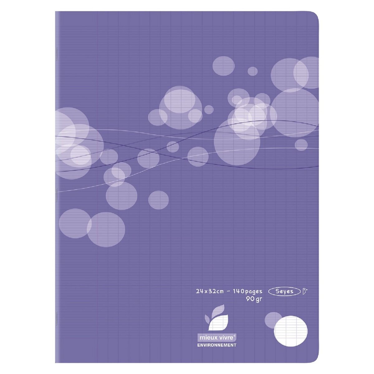 AUCHAN Cahier piqué polypro 24x32cm 140 pages grands carreaux Seyes violet motif ronds