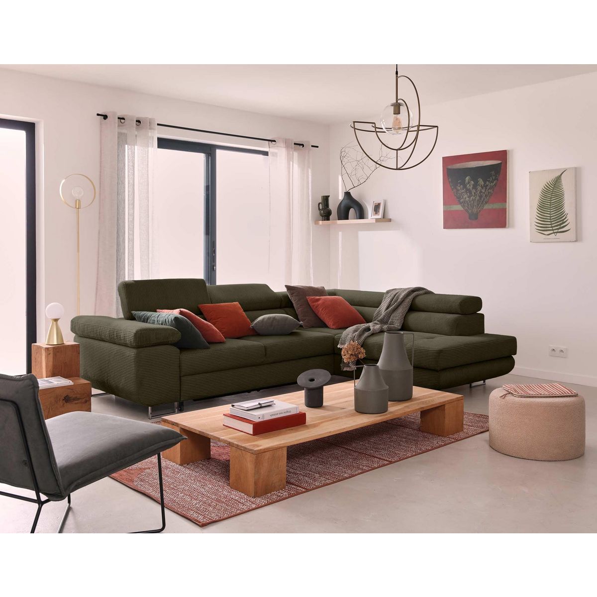 BEST MOBILIER Zaria - canapé d'angle droit - convertible avec coffre et têtières réglables - 5 places - en velours côtelé