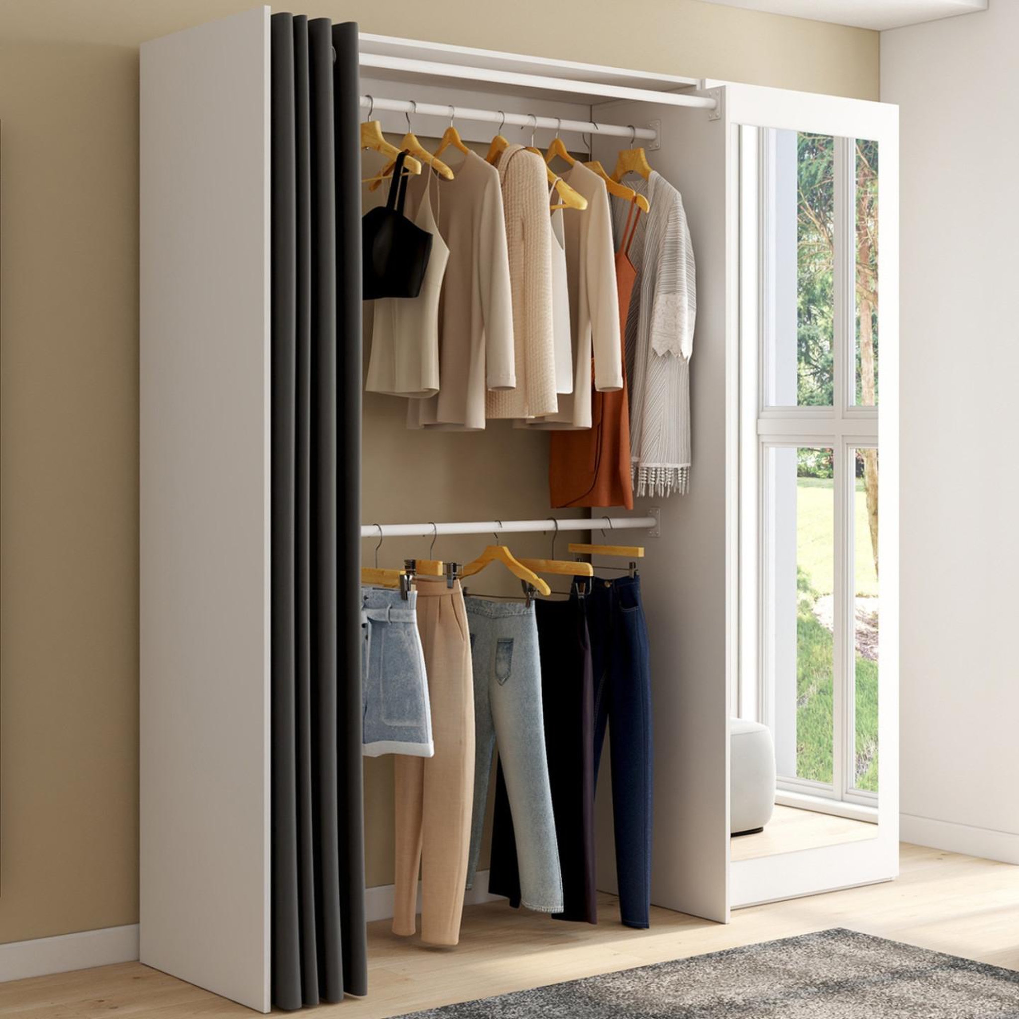 Voir la diapositive 2 : ID MARKET Dressing extensible marty 120/170 x 50 x 180 cm blanc avec étagères + double penderie + miroir + rideau gris