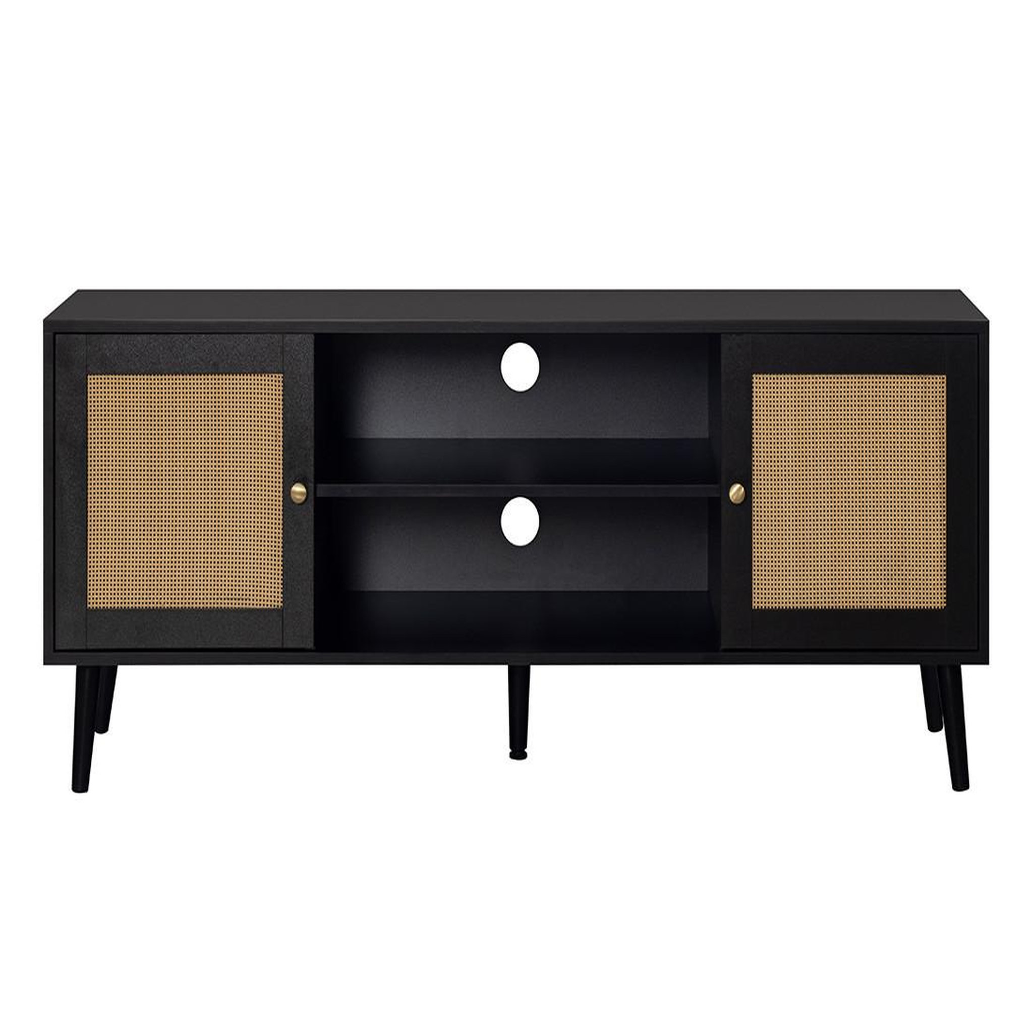 Voir la diapositive 1 : BEST MOBILIER Goto - meuble tv - noir et cannage - 2 portes et 2 niches - 140 cm