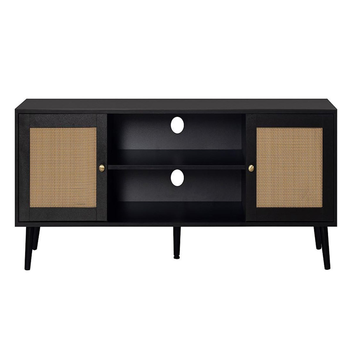 BEST MOBILIER Goto - meuble tv - noir et cannage - 2 portes et 2 niches - 140 cm