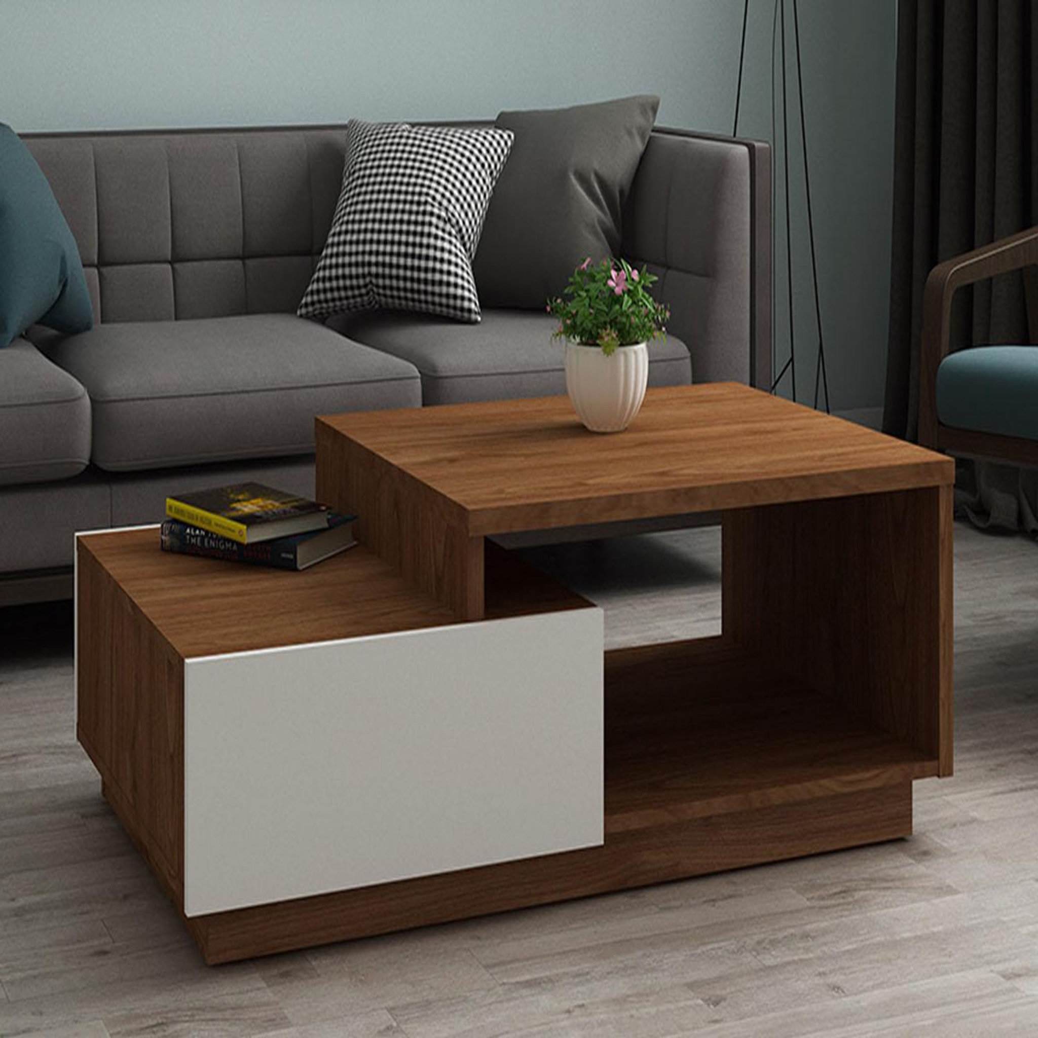 Voir la diapositive 2 : CONCEPT USINE Table basse en bois foncé et tiroirs blanc MONTREAL