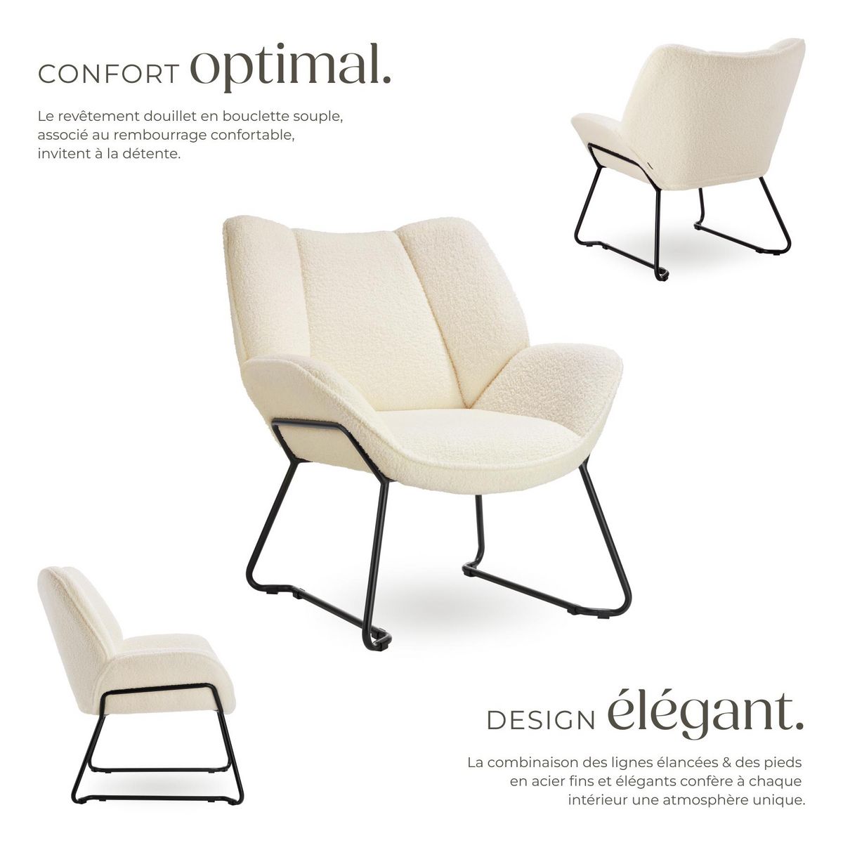 tectake Fauteuil rembourré avec revêtement bouclé crème-blanc