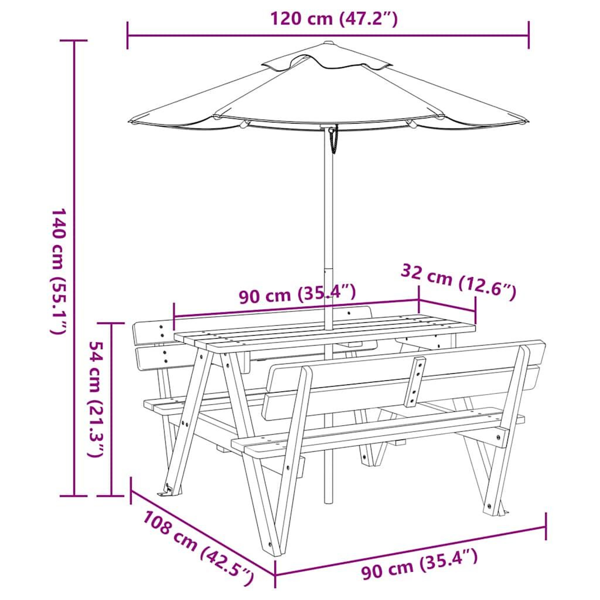 Voir la diapositive 6 : VIDAXL Table de pique-nique pour 4 enfants avec parasol bois de sapin