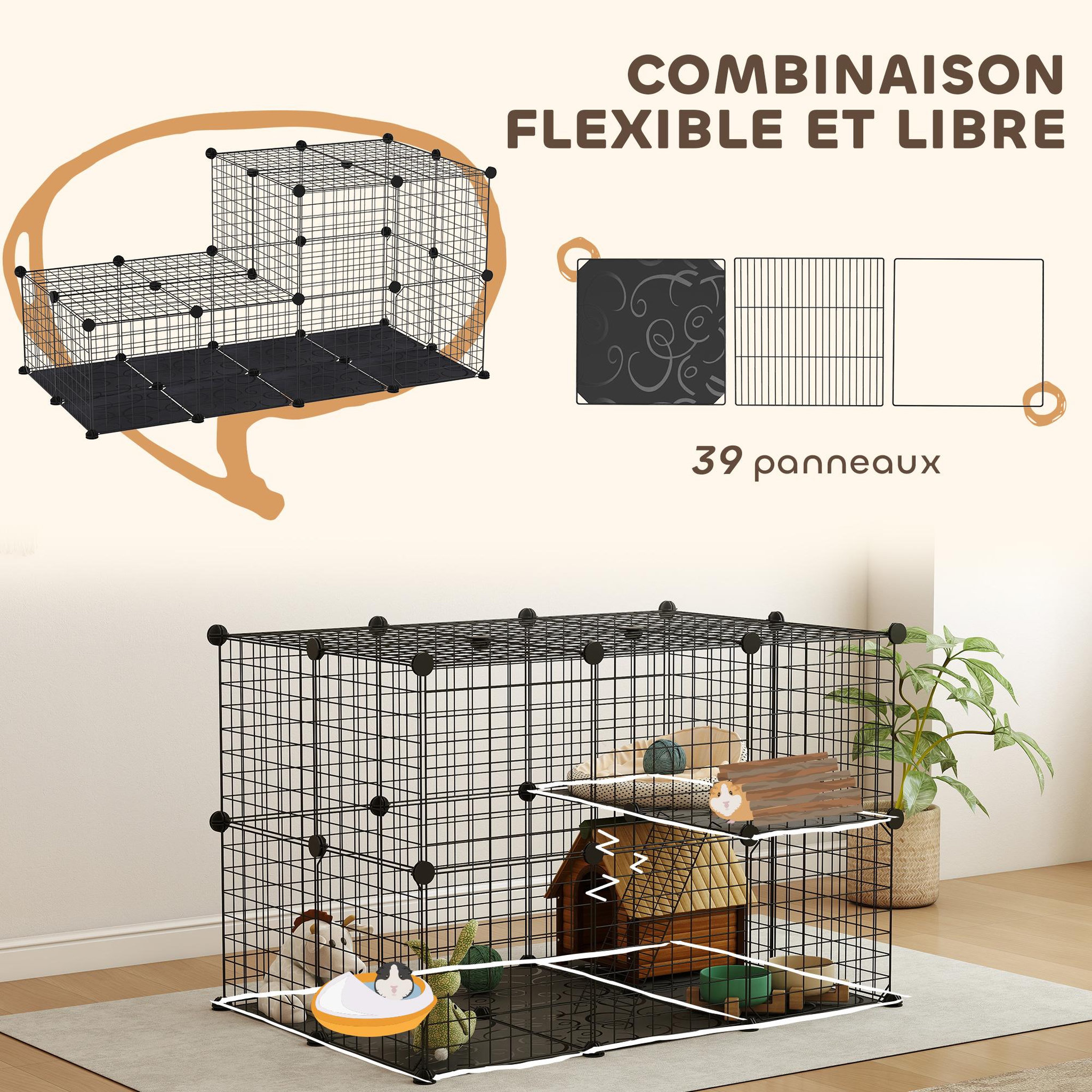 Voir la diapositive 6 : PAWHUT Cage parc enclos modulable rongeurs 3 niveaux 39 panneaux fil métallique pp noir