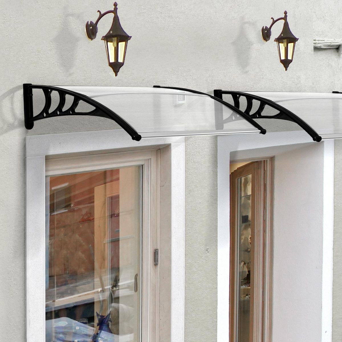 OUTSUNNY Auvent marquise de porte design voûté arrondi dim. 100L x 80l x 23H cm polycarbonate plastique noir