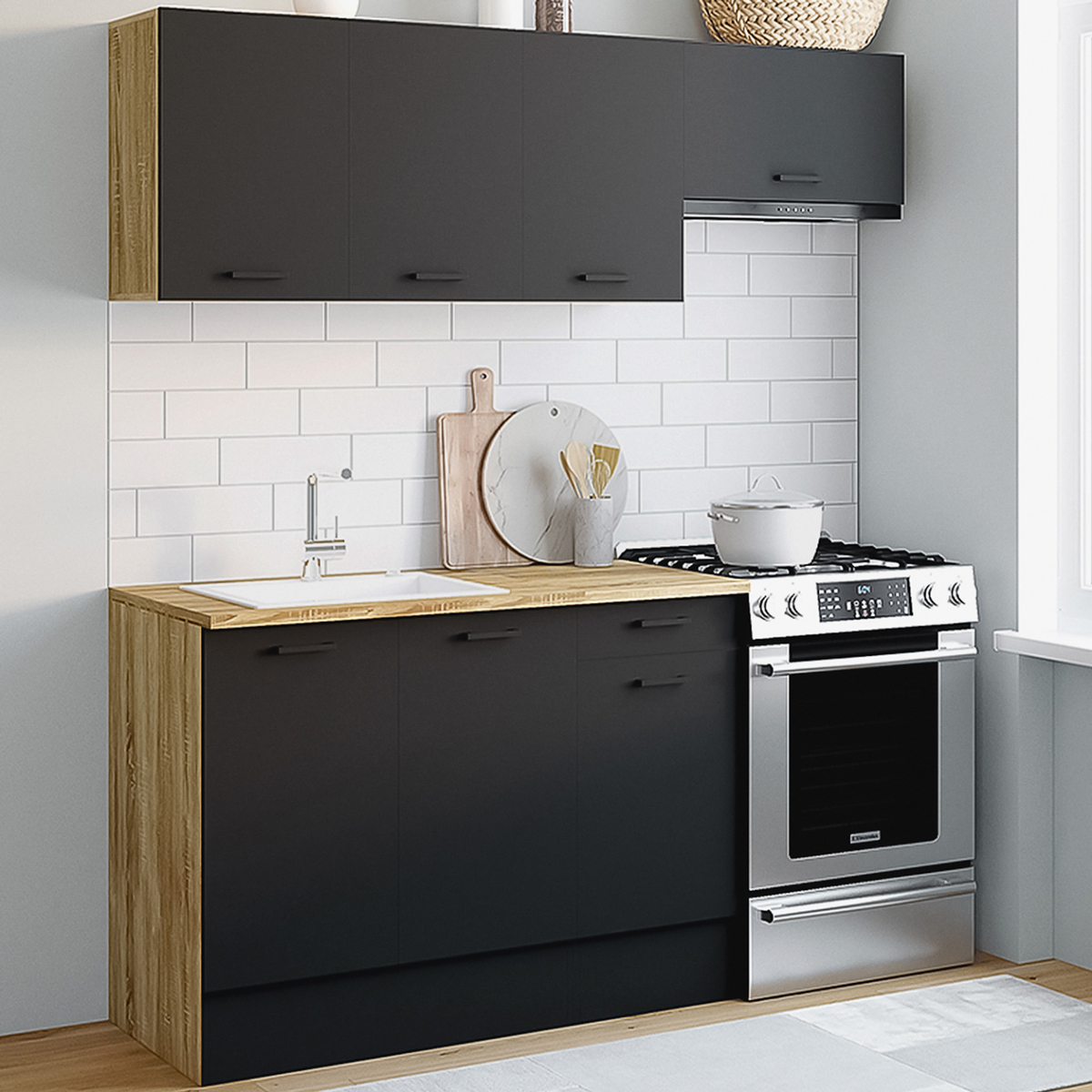 ID MARKET Cuisine complète 180 cm SUBTIL avec plan de travail 5 éléments bois et noir