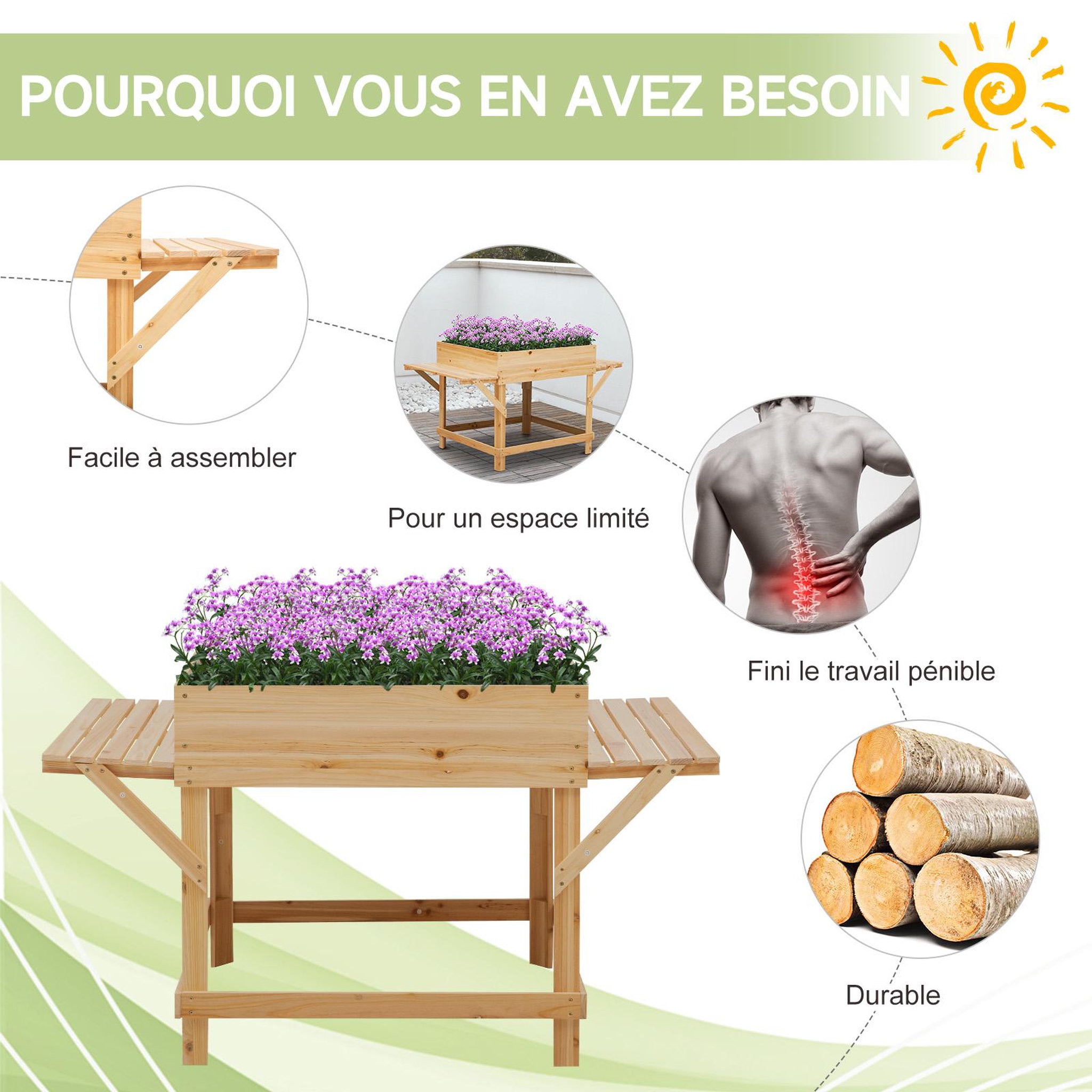 Voir la diapositive 4 : OUTSUNNY Jardinière sur pied potager dim. 130L x 75l x 75H cm 2 étagères, feutre drainage inclus bois sapin pré-huilé