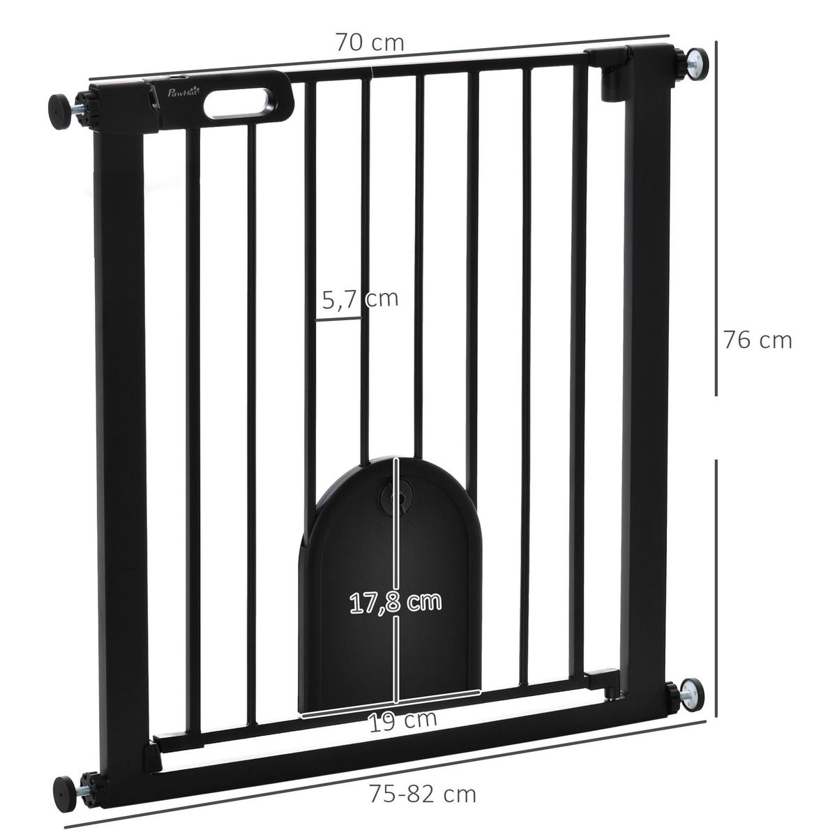 PAWHUT Barrière de sécurité animaux de 76H cm barrière chien chat avec porte fermeture automatique système de double verrouillage fixation par pressionde de 75 à 82 cm acier et ABS noir