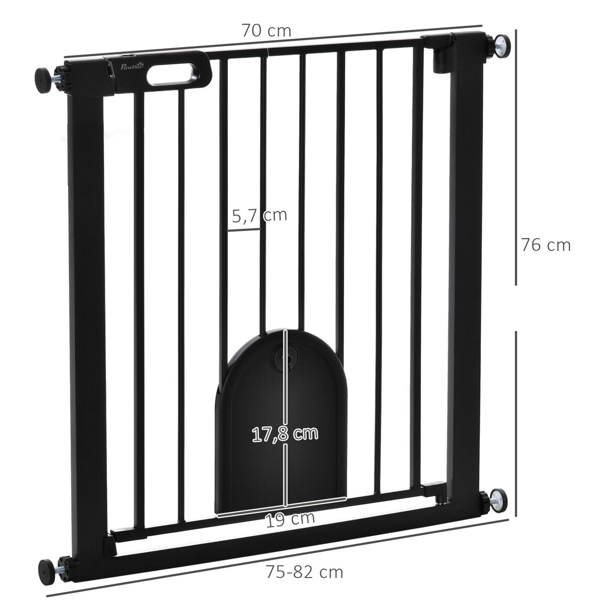 PAWHUT Barrière de sécurité animaux de 76H cm barrière chien chat avec porte fermeture automatique système de double verrouillage fixation par pressionde de 75 à 82 cm acier et ABS noir