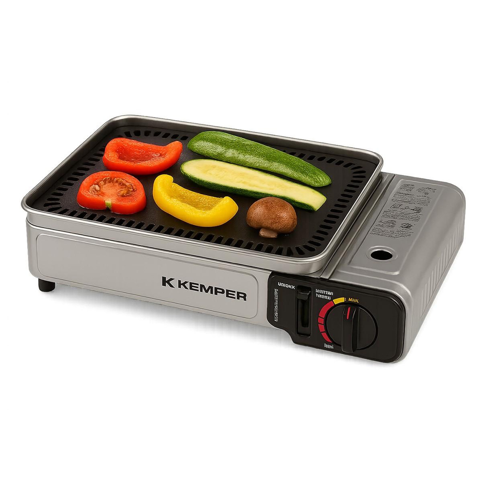 Voir la diapositive 2 : Kemper Plancha à gaz portable 2300W + 4 cartouches de gaz + Valise de transport KEMPER