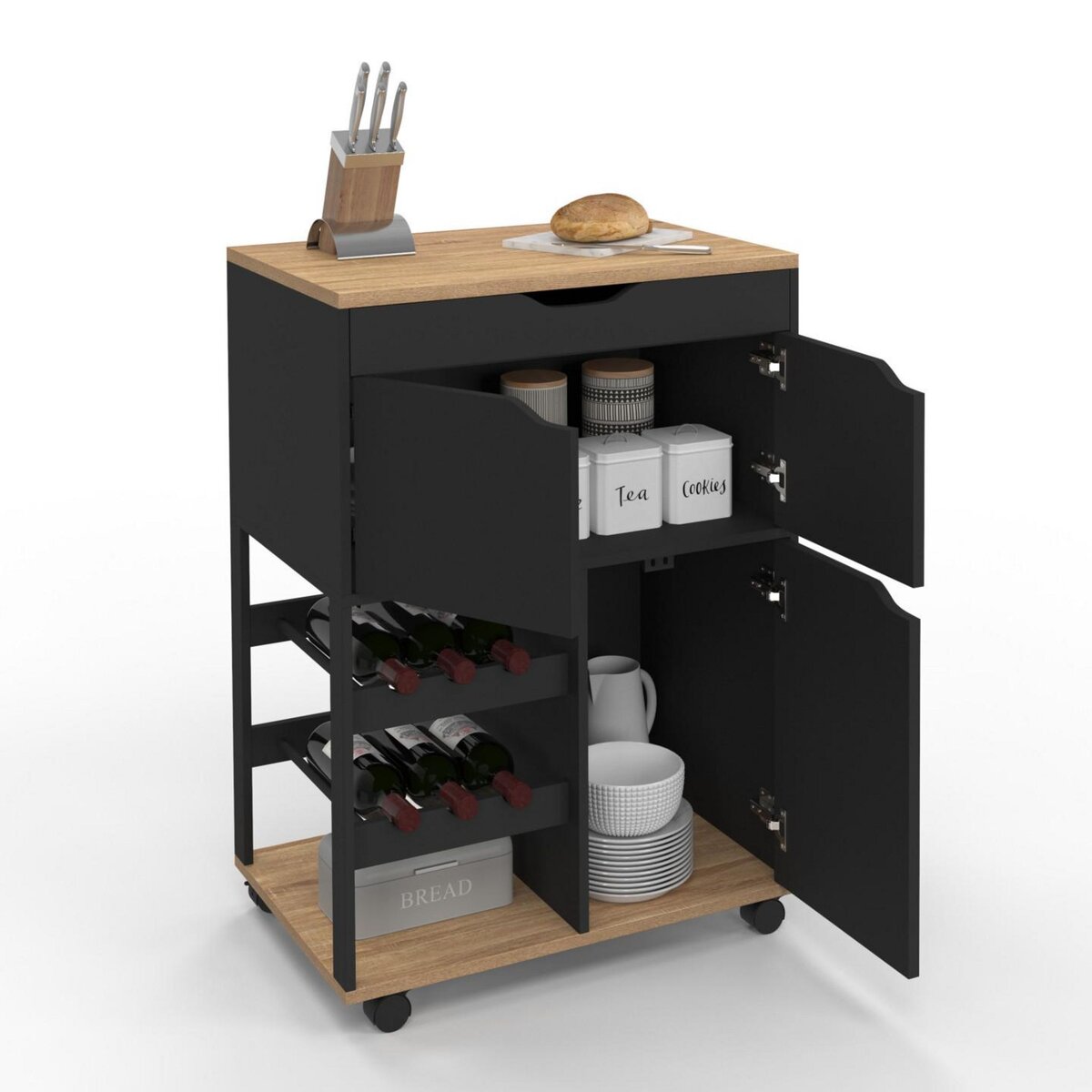 ID MARKET Desserte de cuisine COSY avec placards et range bouteilles bois et noir