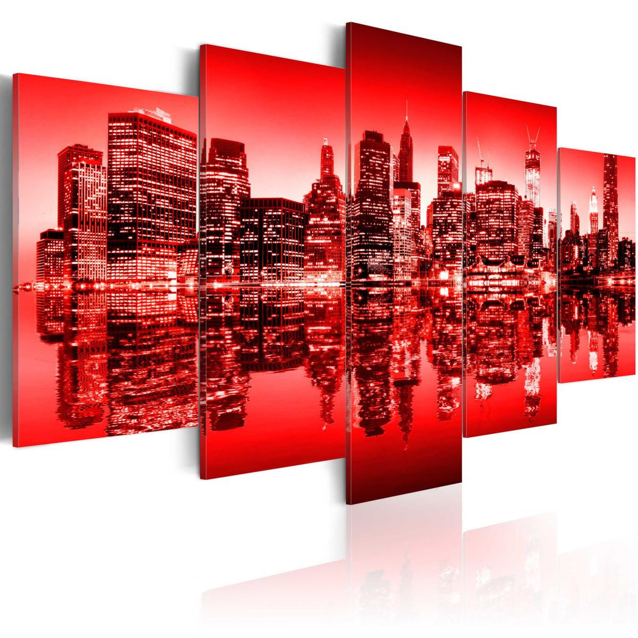 Paris Prix Tableau 5 panneaux  lumière rouge au dessus de new york. Coloris disponibles : Multicolore